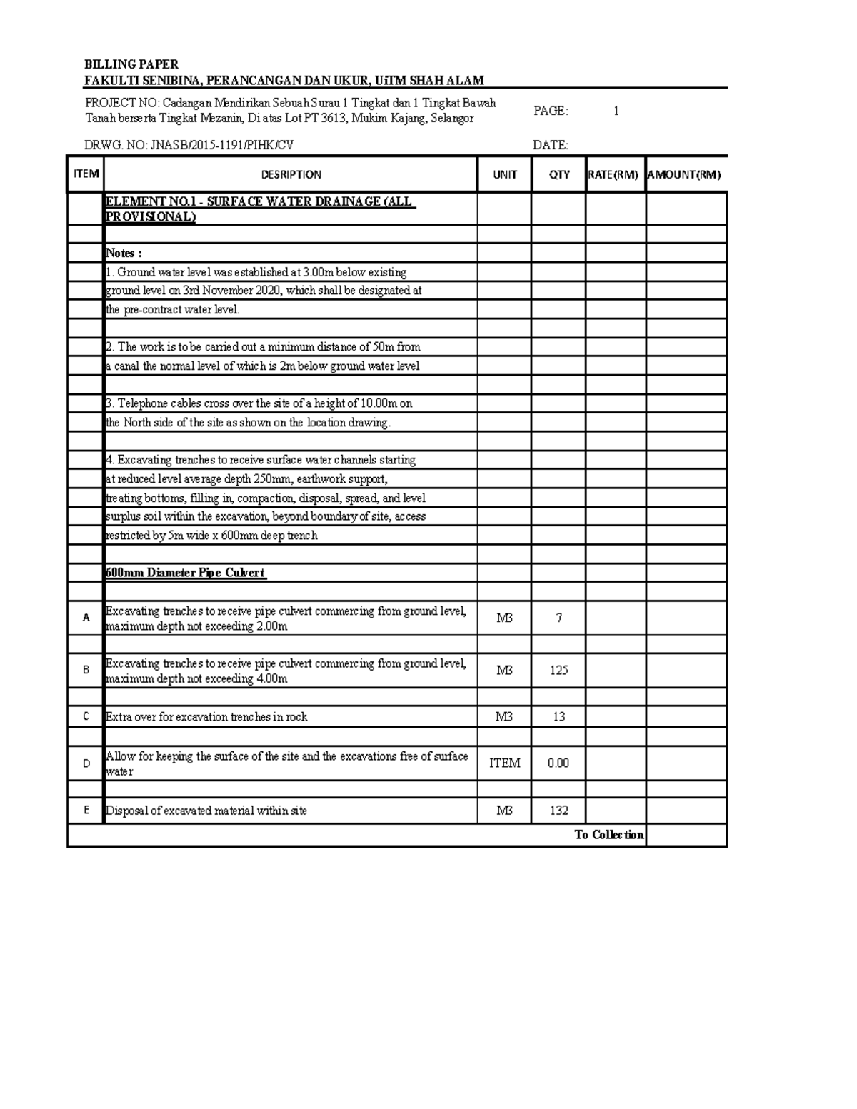BQ - Bill of Quantities for Surface Water Drainage Project - Studocu