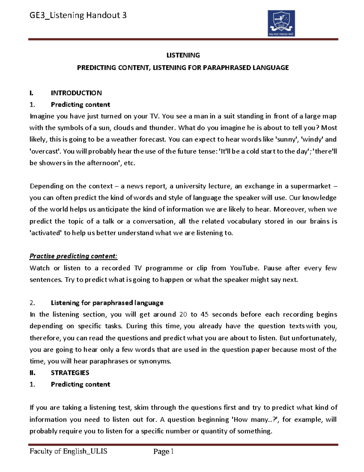 B1 Listening handout 3 for Ss - LISTENING PREDICTING CONTENT, LISTENING ...