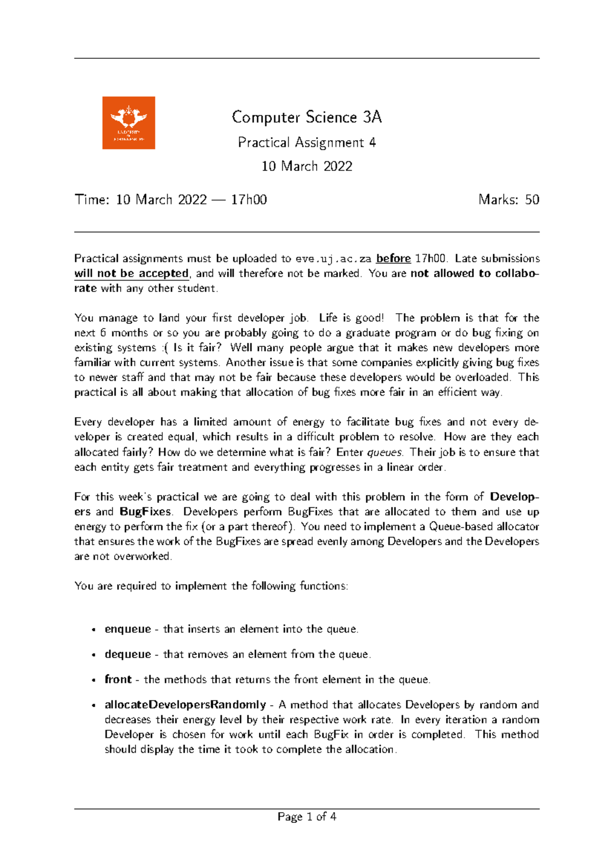 Assignment 4 - Computer Science 3A Lecture Notes on Bug Fix Allocation ...
