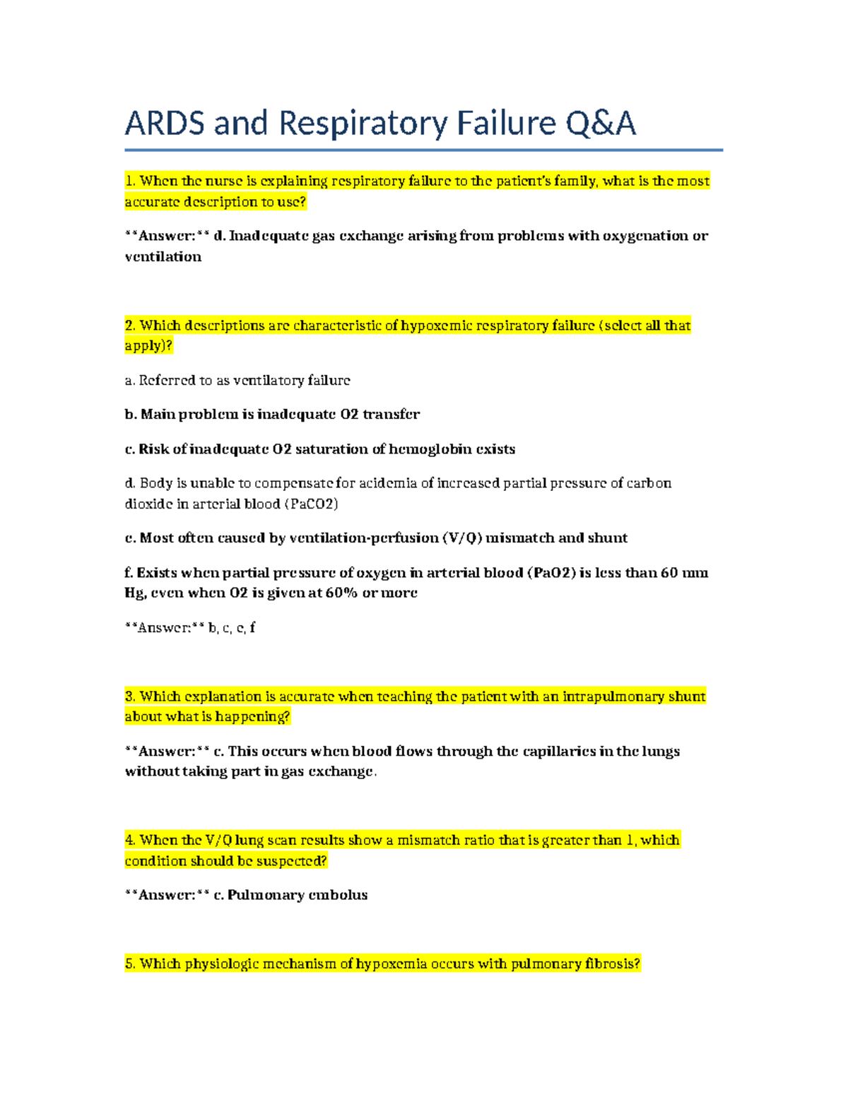 ARDS Respiratory Failure: Key Concepts and Practice Questions - Studocu
