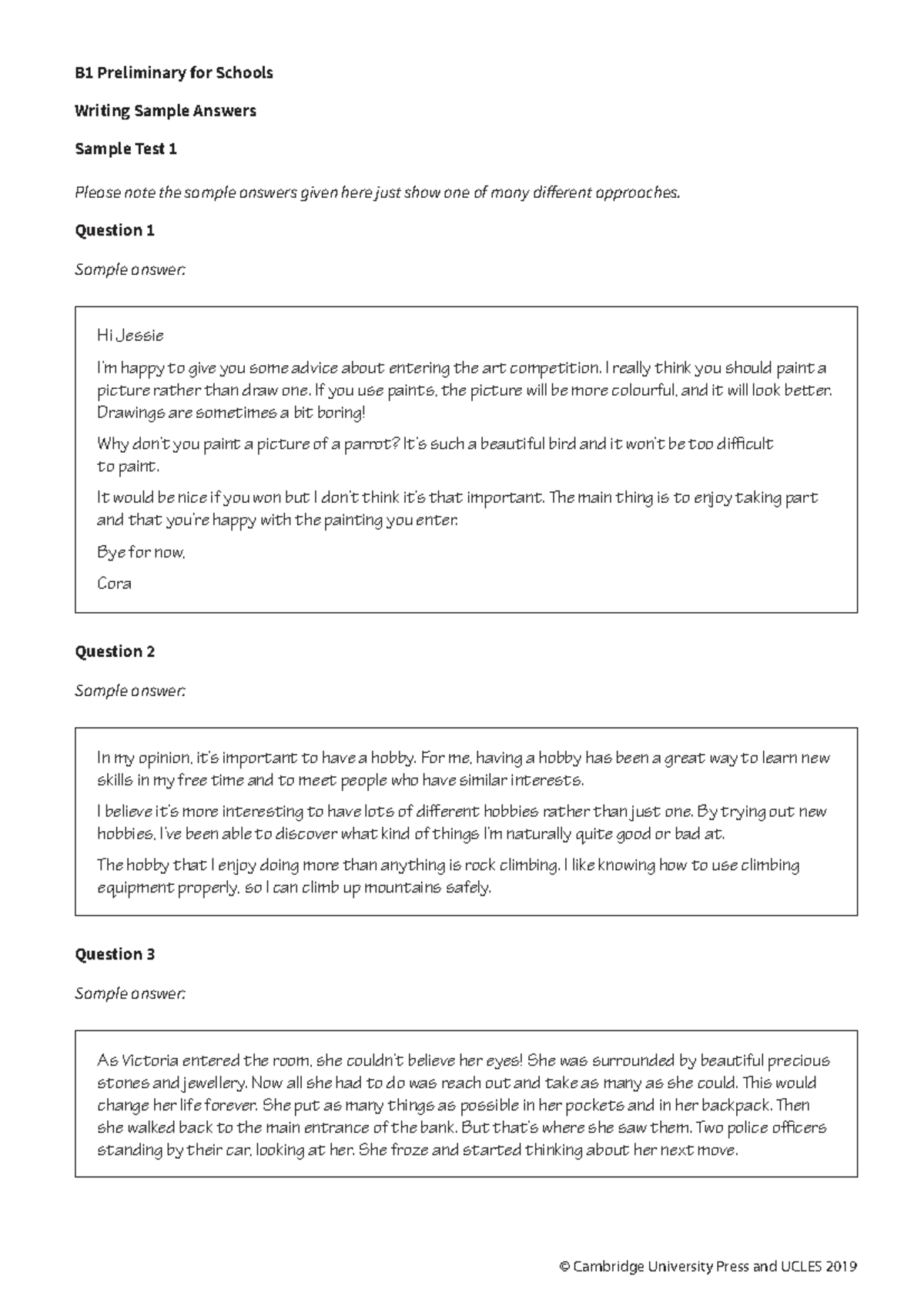 B1 Preliminary for Schools Writing Sample Answers - Test 1 - Studocu