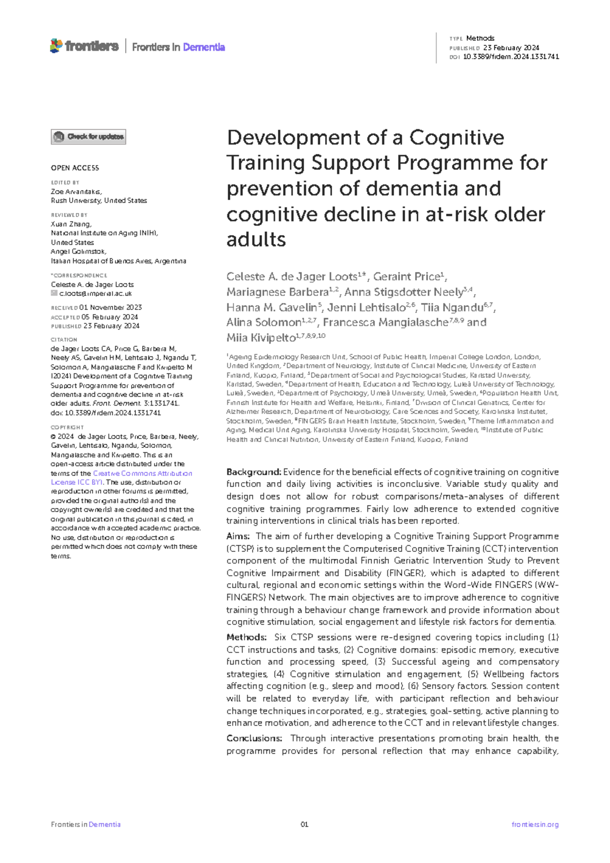 Cognitive Training Support Programme for Dementia Prevention (FINGER ...