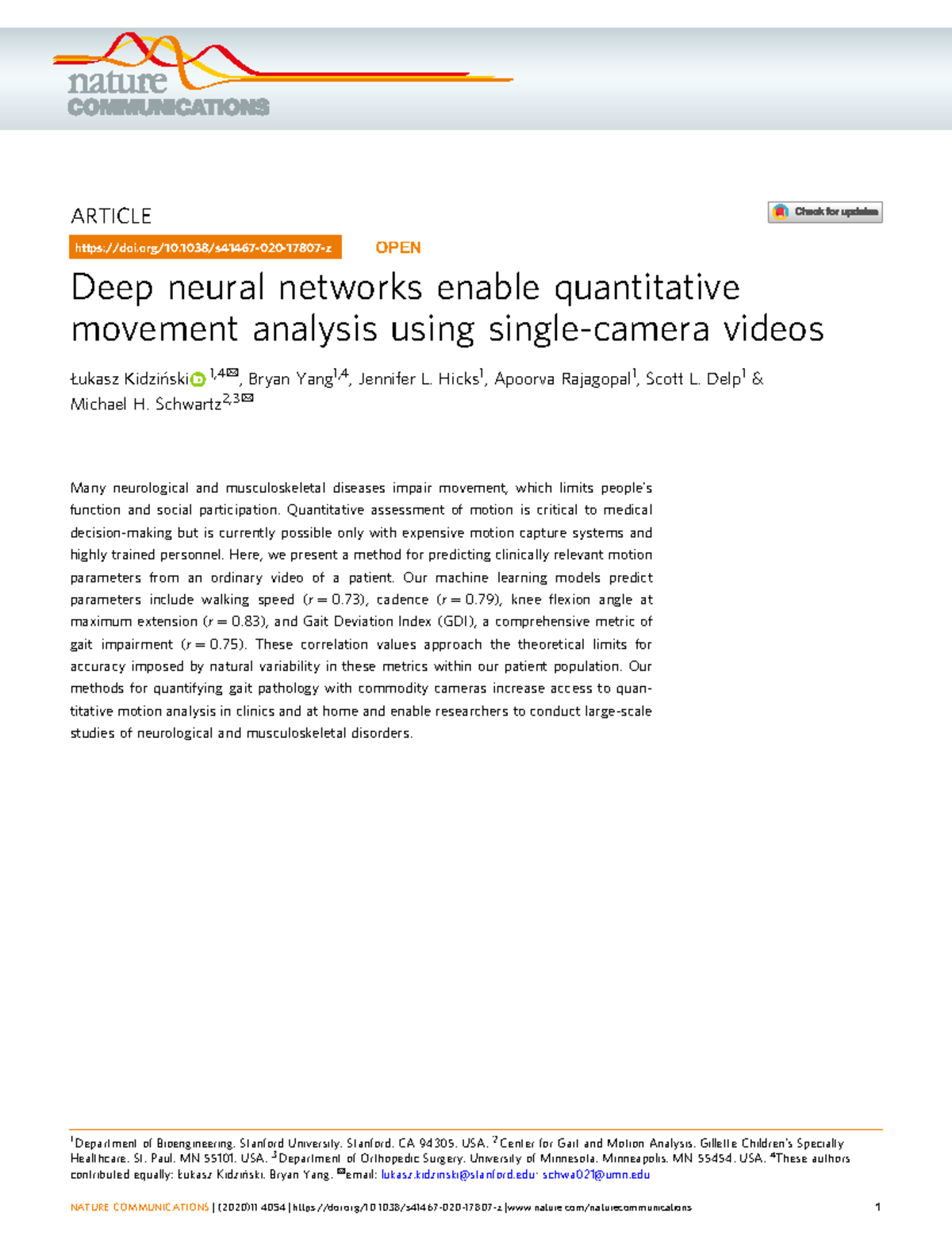 Deep Learning for Gait Analysis: Predicting Metrics from Video - Studocu