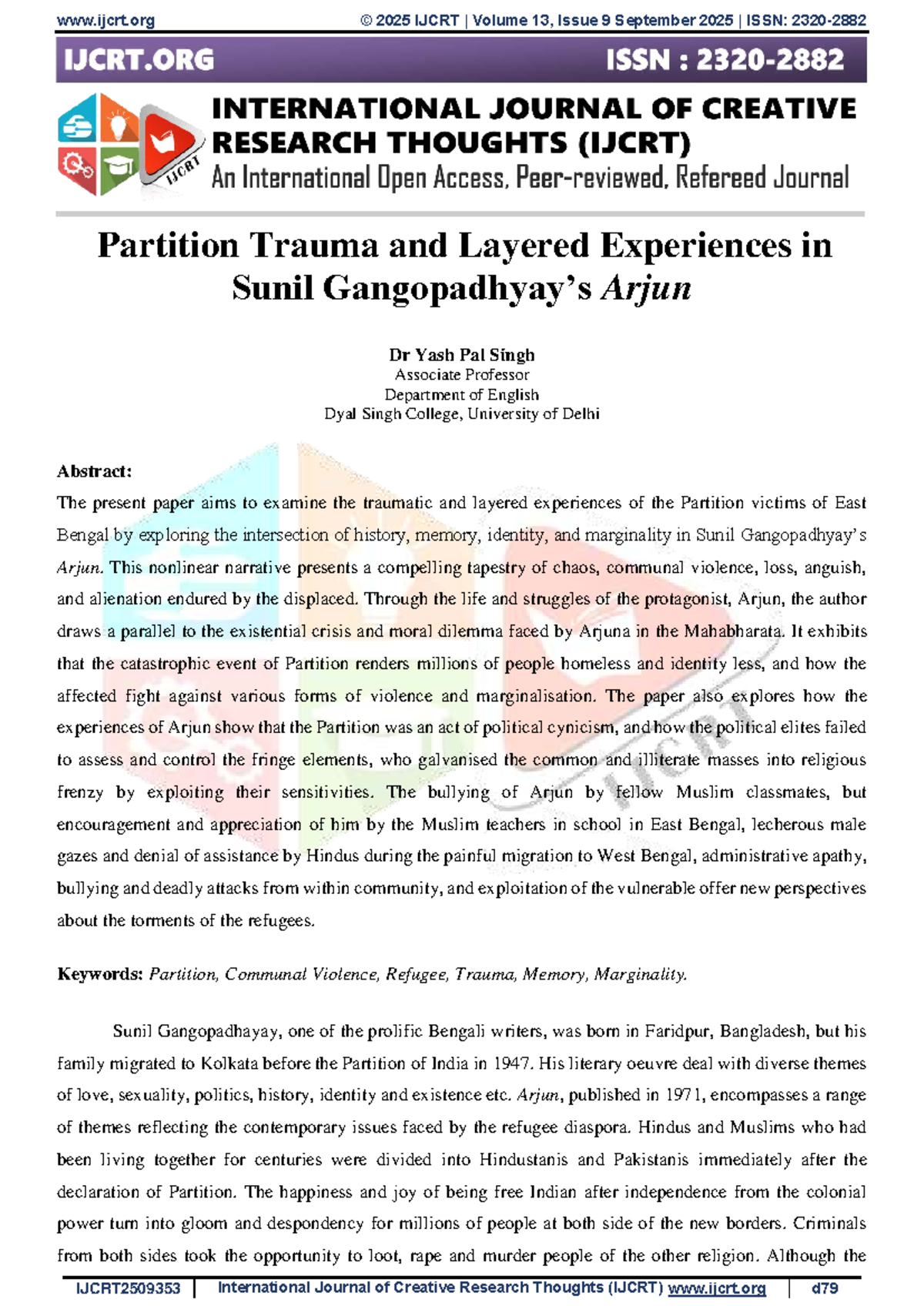 Partition Trauma and Identity in Sunil Gangopadhyay's Arjun ...