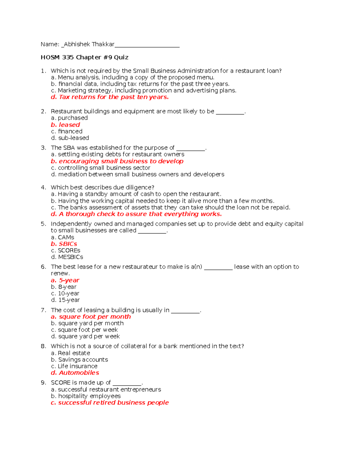 HOSM 335 Chapter 9 Quiz: Key Questions and Answers - Studocu