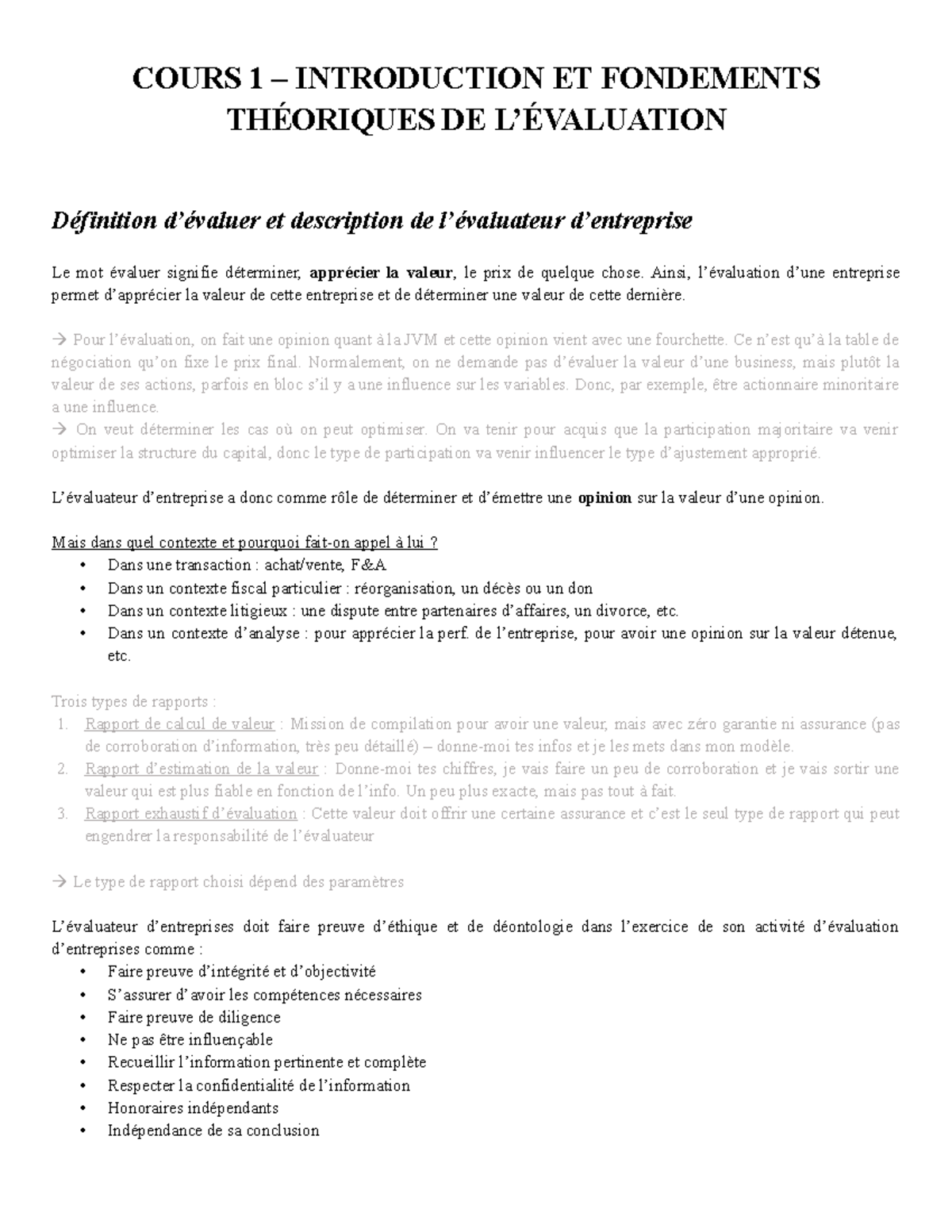 COURS 1 ÉVALUATION DES ENTREPRISES : THÉORIES ET PRATIQUES ...