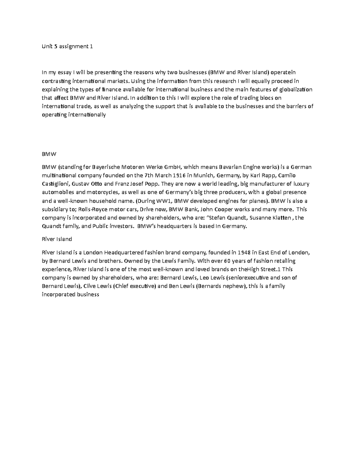 Unit 5 assignment 1 - business - Unit 5 assignment 1 In my essay I will ...