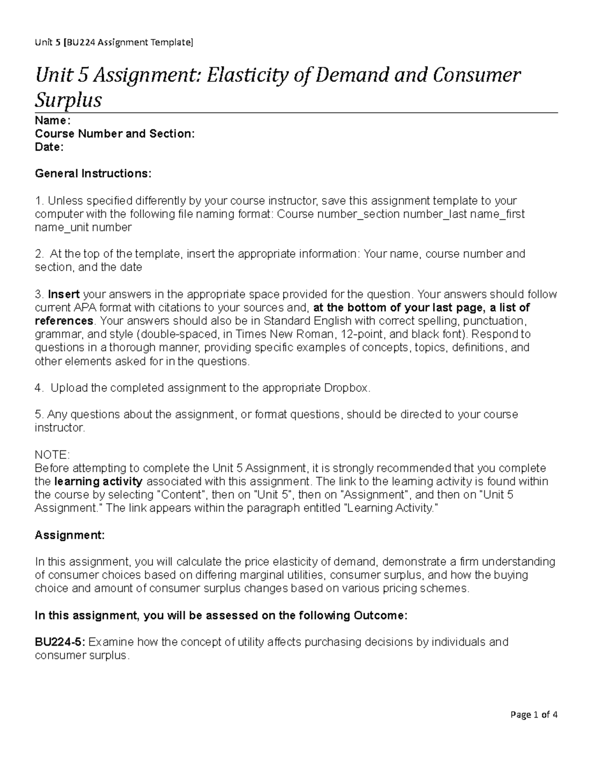 BU224 Unit5 Assignment Template - Unit 5 Assignment: Elasticity of ...
