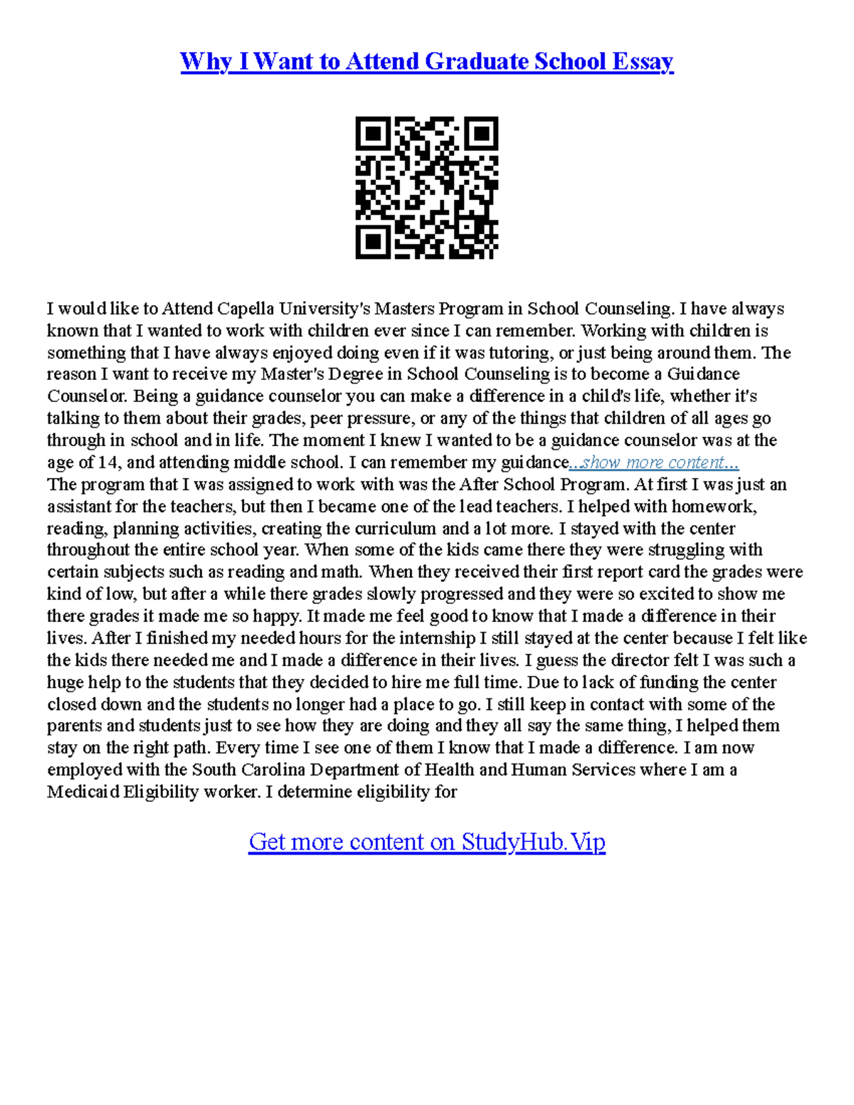 Sample Graduate School Essays & Applications: A Student's Journey - Studocu
