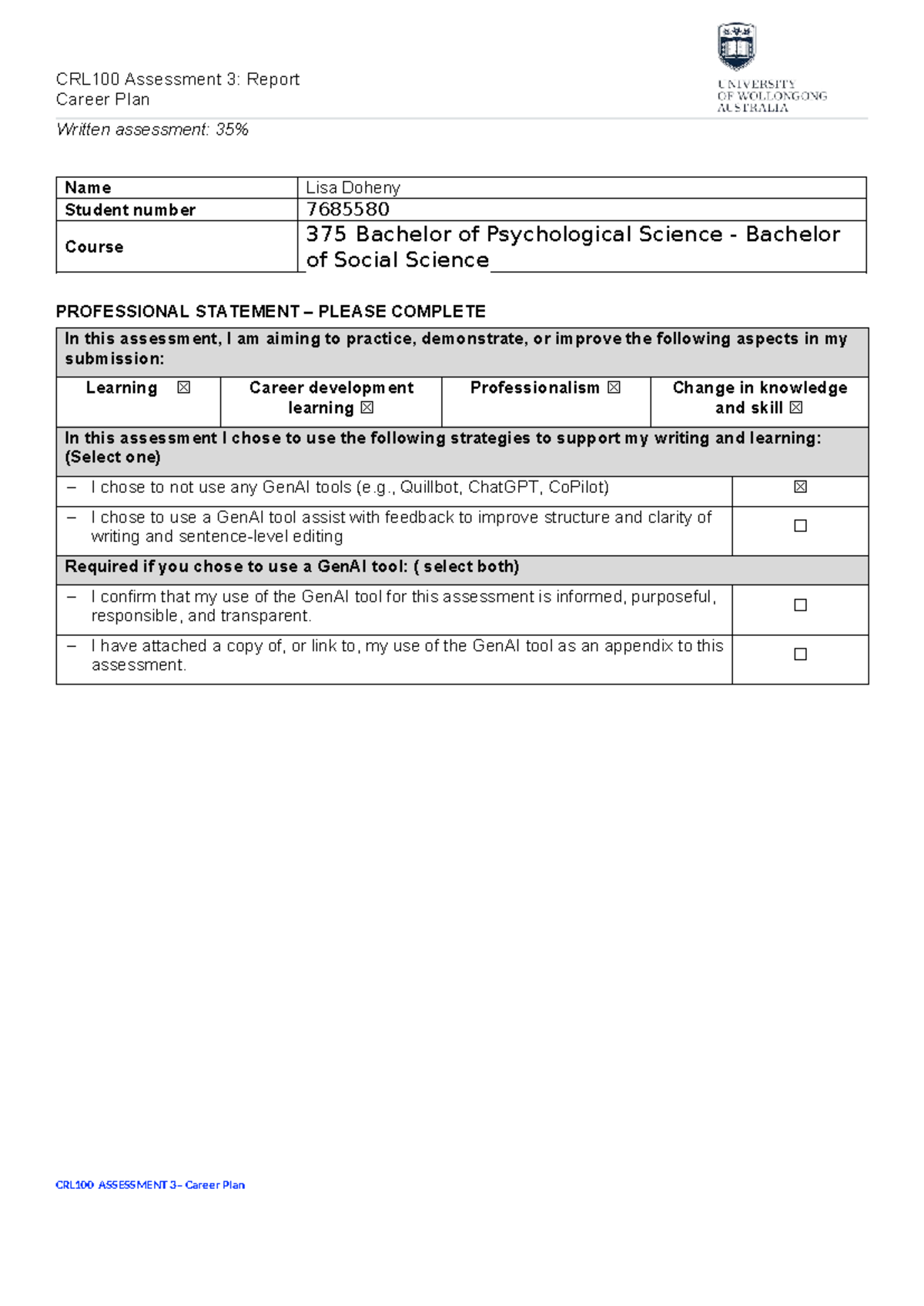 CRL100 Assessment 3: Career Plan Report by Lisa Doheny - Studocu