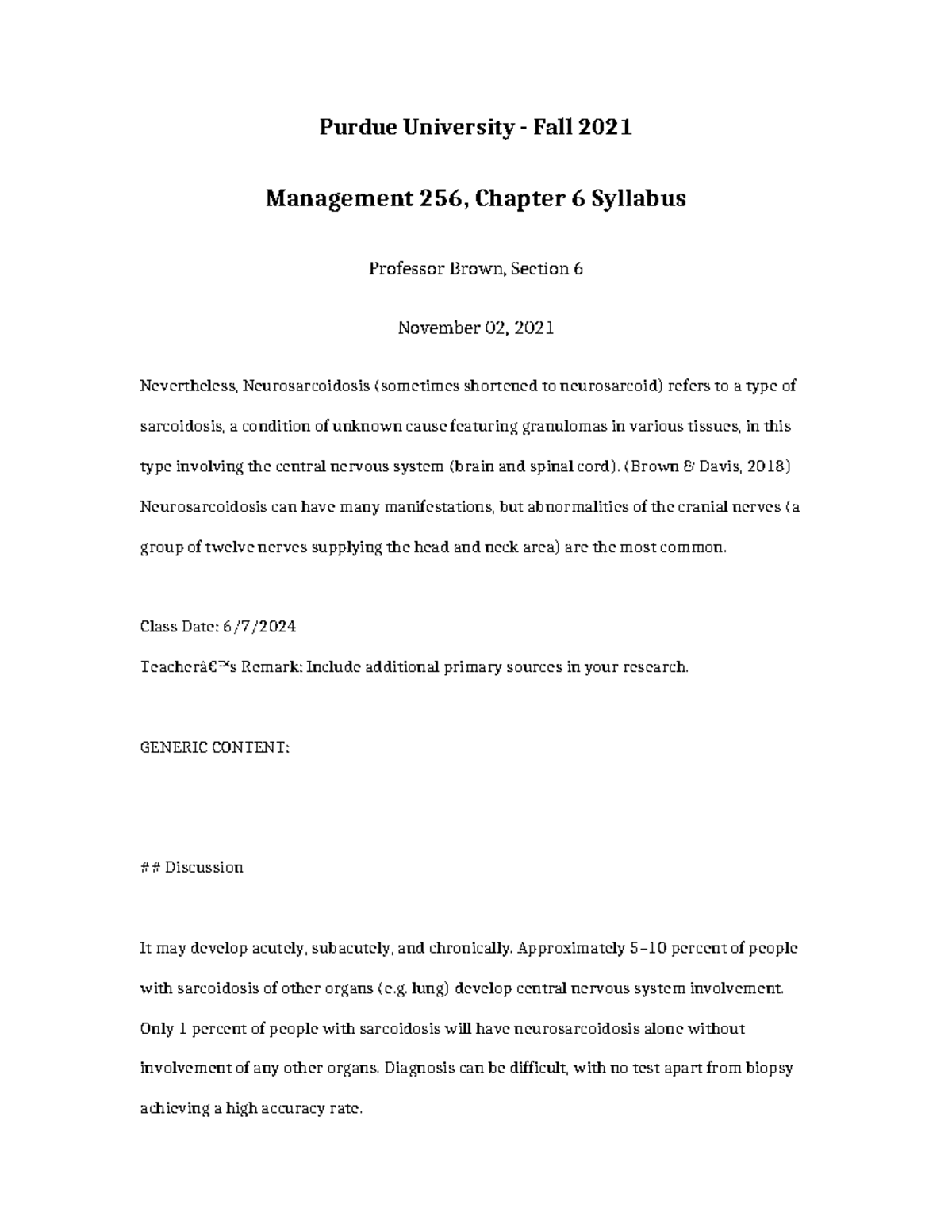 Management 256 Chapter 6 Syllabus - Purdue University - Fall 2021 ...