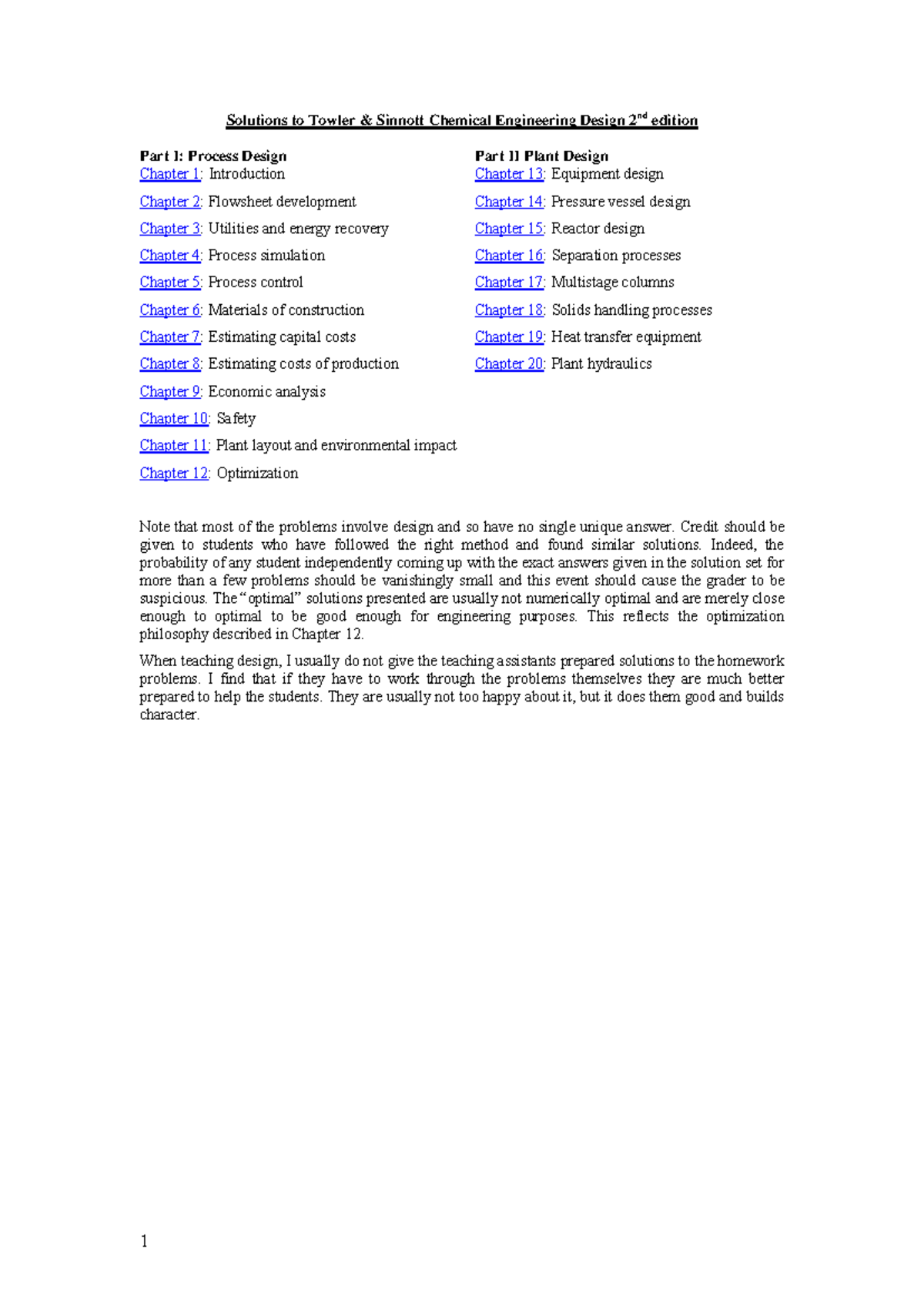 Solutions Manual for Chemical Engineering Design (2nd Ed) - Towler ...