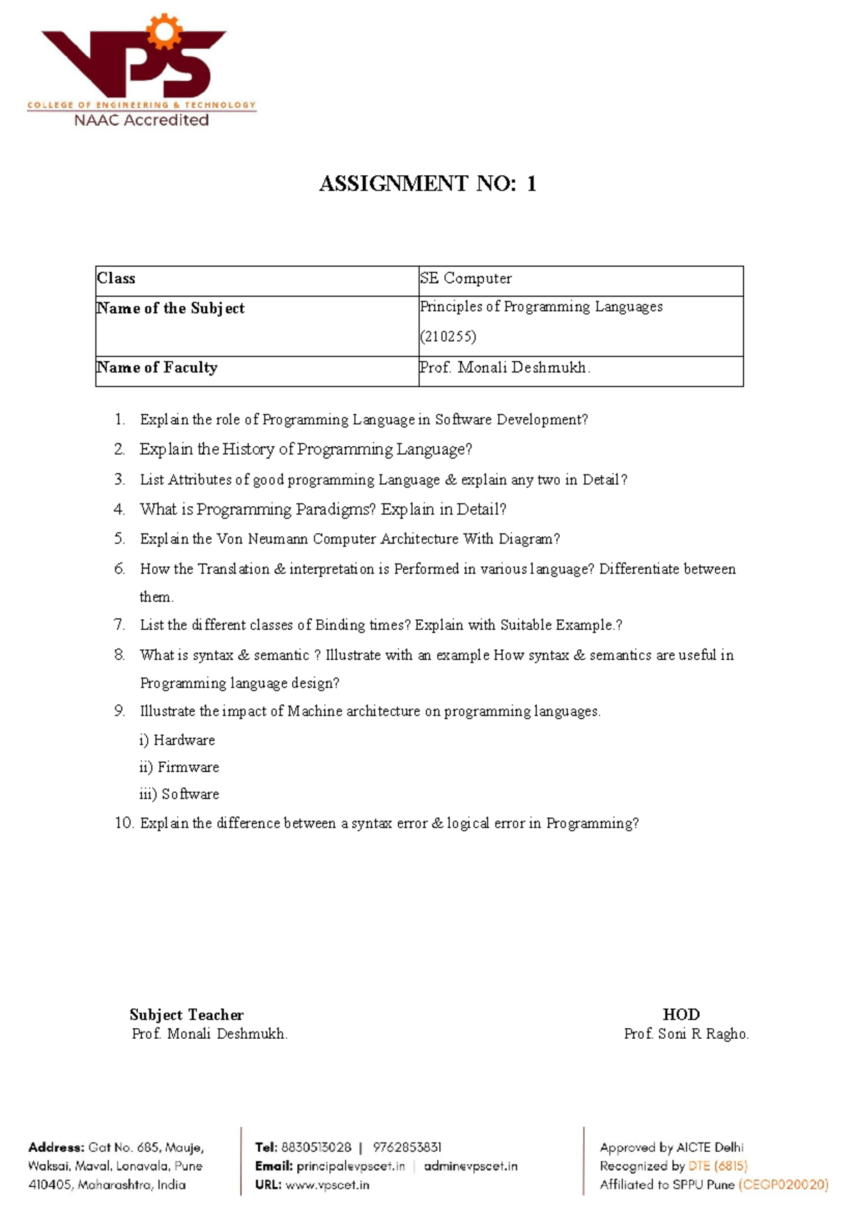 Assignment 1 - SE: Principles of Programming Languages Guide - Studocu