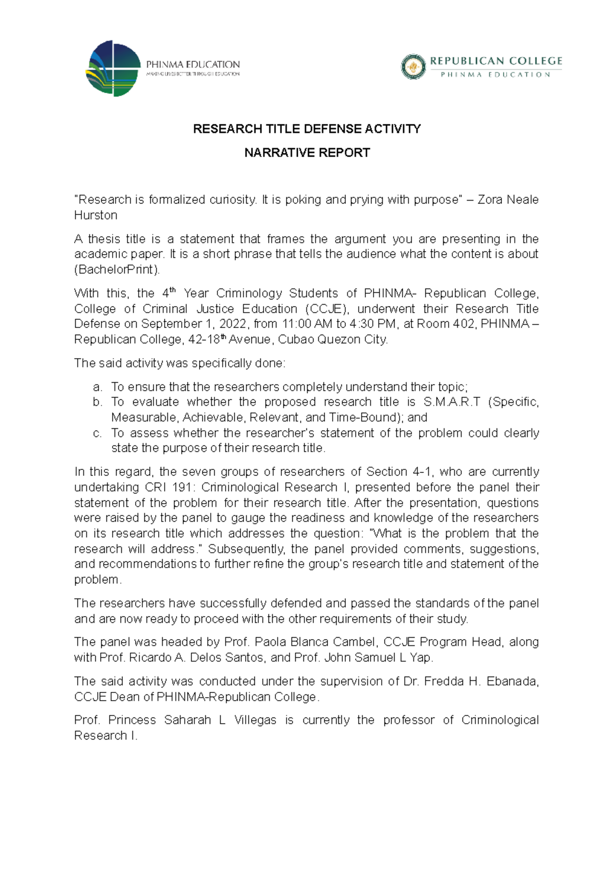CRIM 191: Research Title Defense Narrative Report of 4th Year Students ...