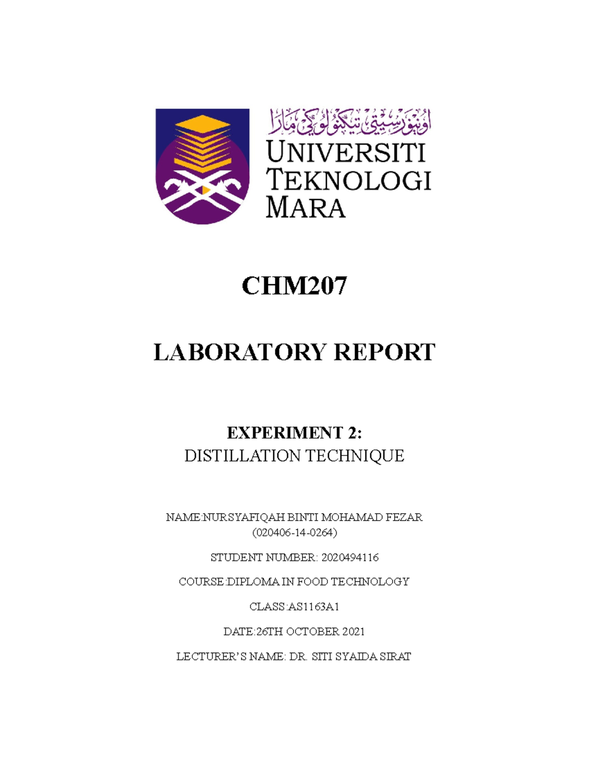 CHM207 LAB Report Experiment 2 - CHM LABORATORY REPORT EXPERIMENT 2 ...