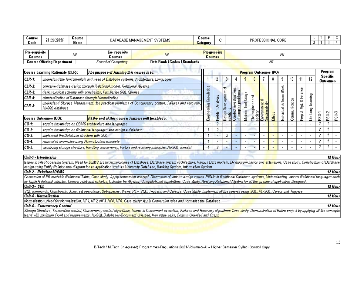 DBMS Syllabus - 21CSC205P - Course Outcomes & Key Concepts - Studocu