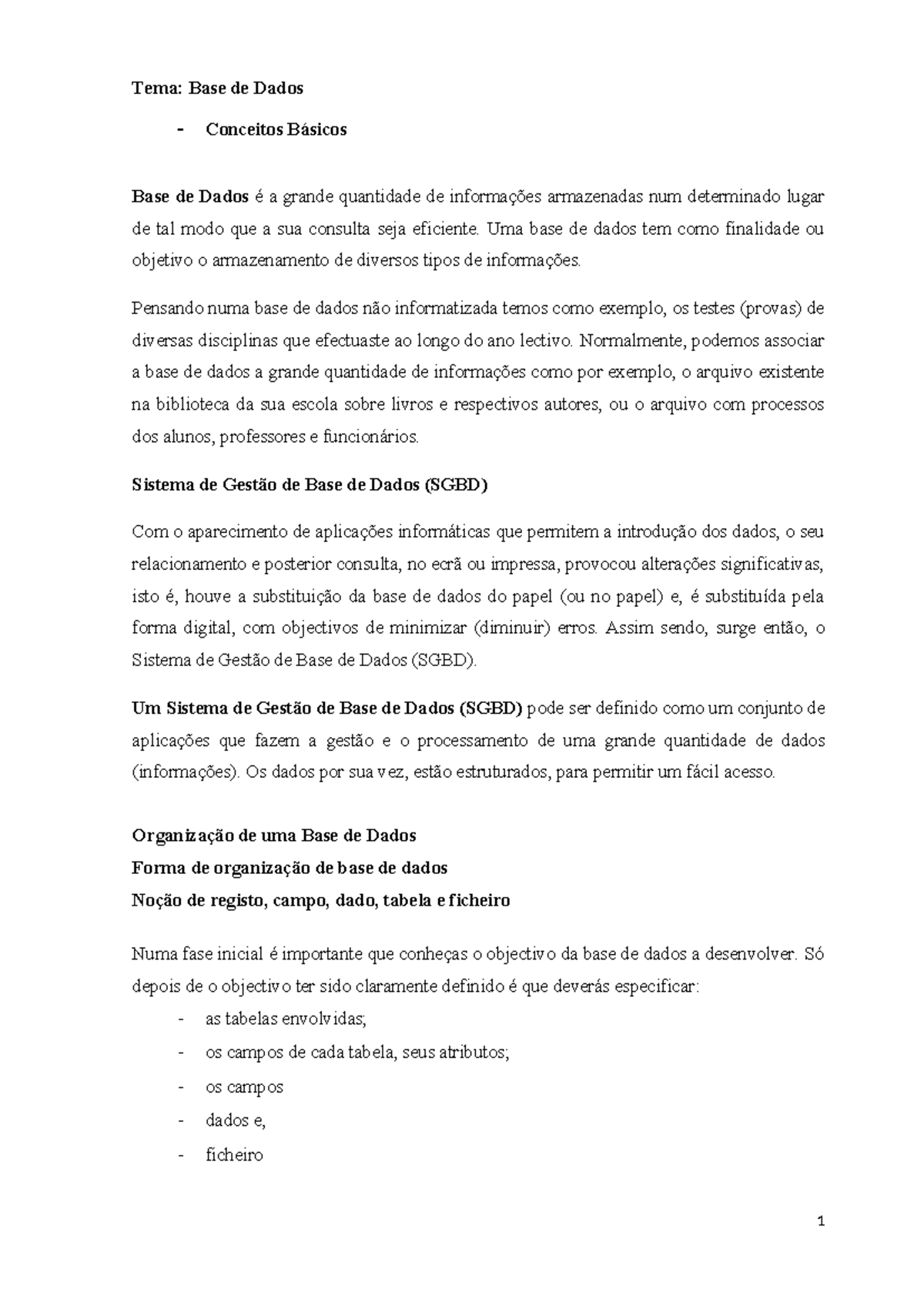 Apontamento de TICS 12: Conceitos Básicos de Base de Dados - Document Preview