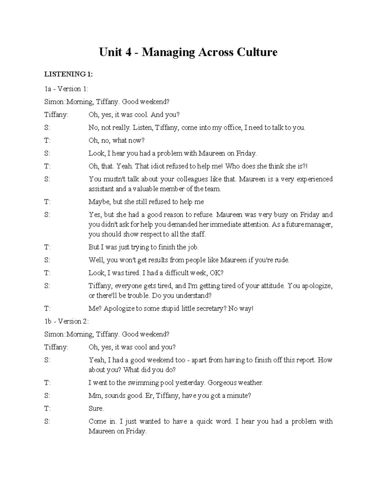 Unit 4 Listening Transcript: Managing Across Cultures - Studocu