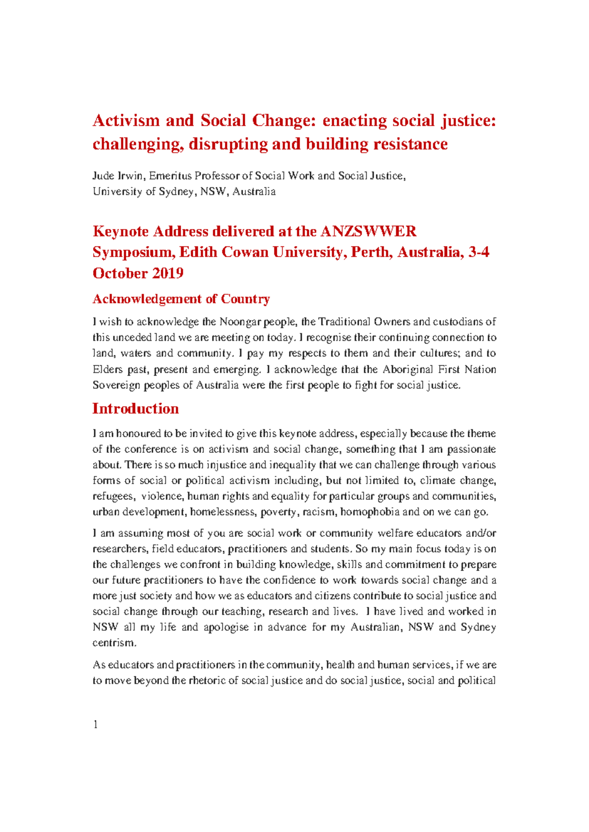"14305 Activism & Social Change: Keynote on Social Justice at ANZSWWER ...