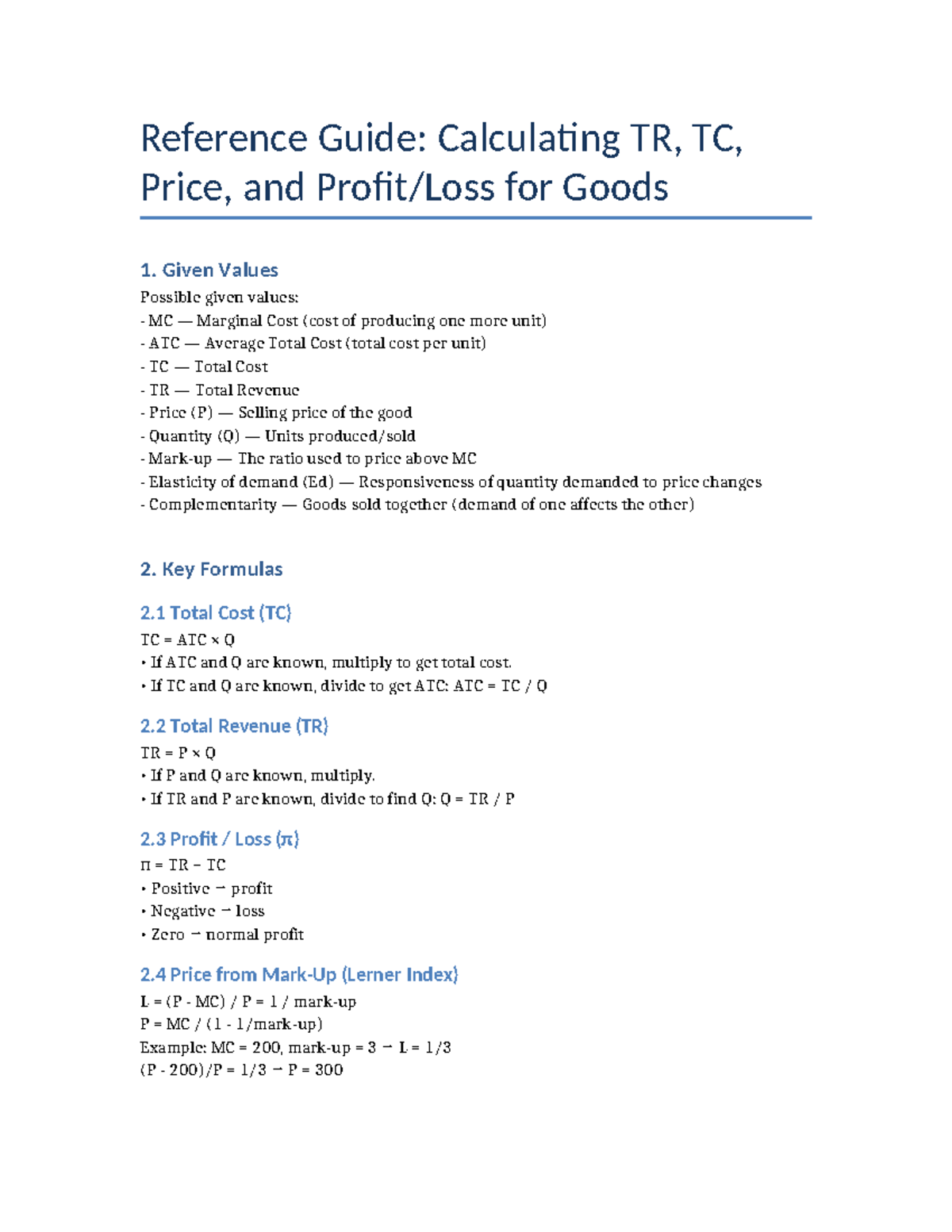 Calculation Reference Guide: TR, TC, Price, and Goods Analysis - Studocu