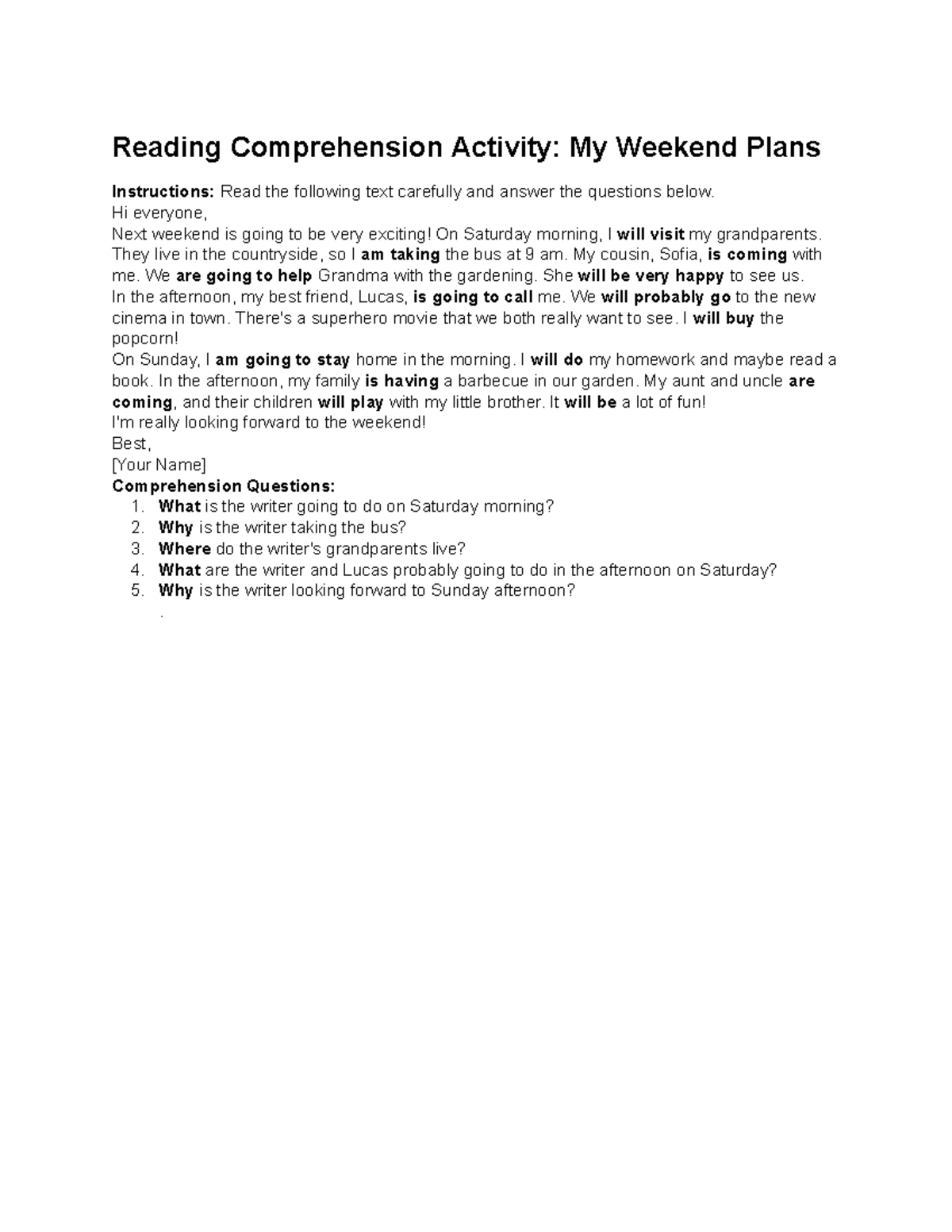 Reading Comprehension Activity: My Weekend Plans Instructions - Studocu