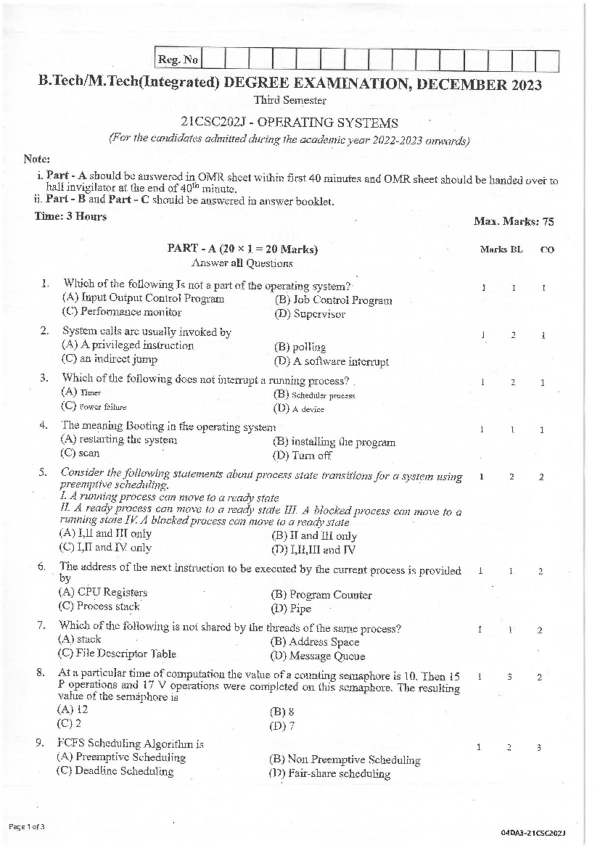 21CSC202J Operating Systems Final Exam December 2023 - Studocu