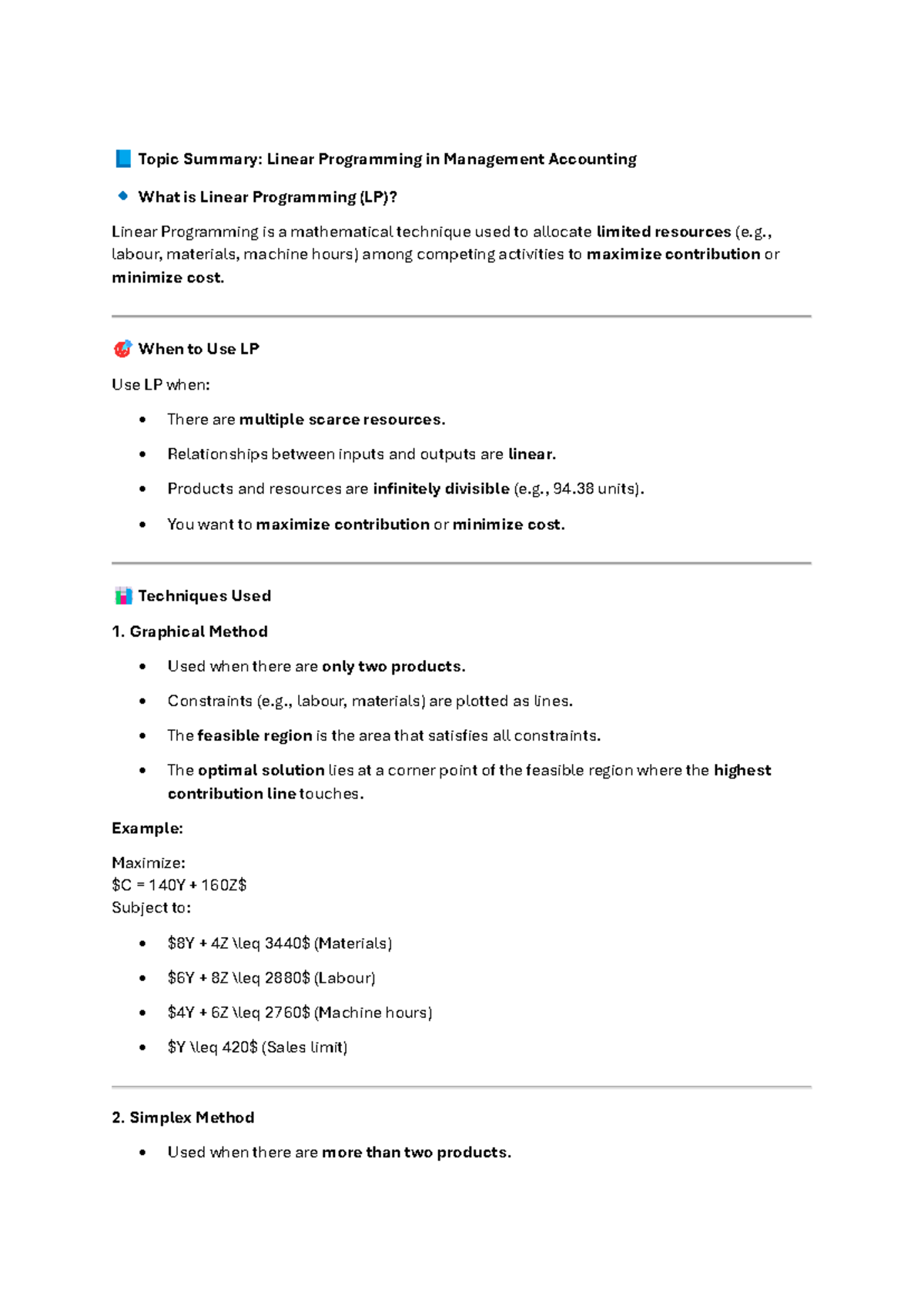Topic Summary: Linear Programming in Management Accounting (ACCT 101 ...