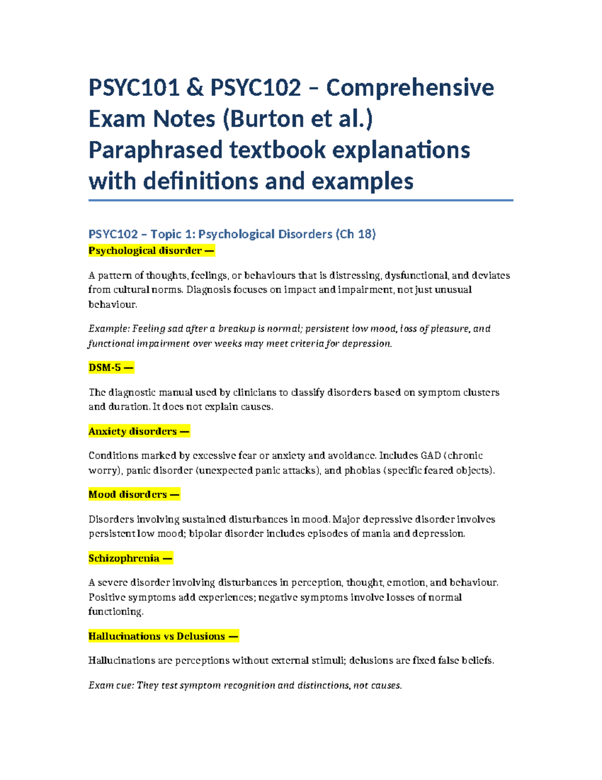 PSYC101 PSYC102 Comprehensive Exam Study Notes (Burton et al.) - Studocu