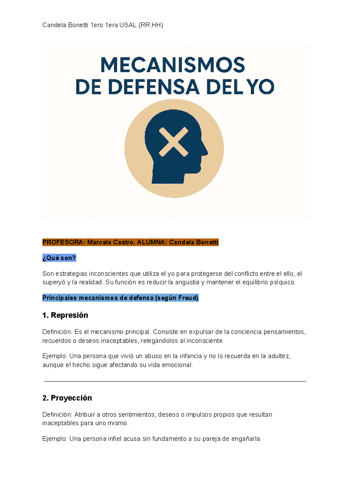 Mecanismos de Defensa del Yo - 1ero 1era USAL (RR.HH) - Studocu