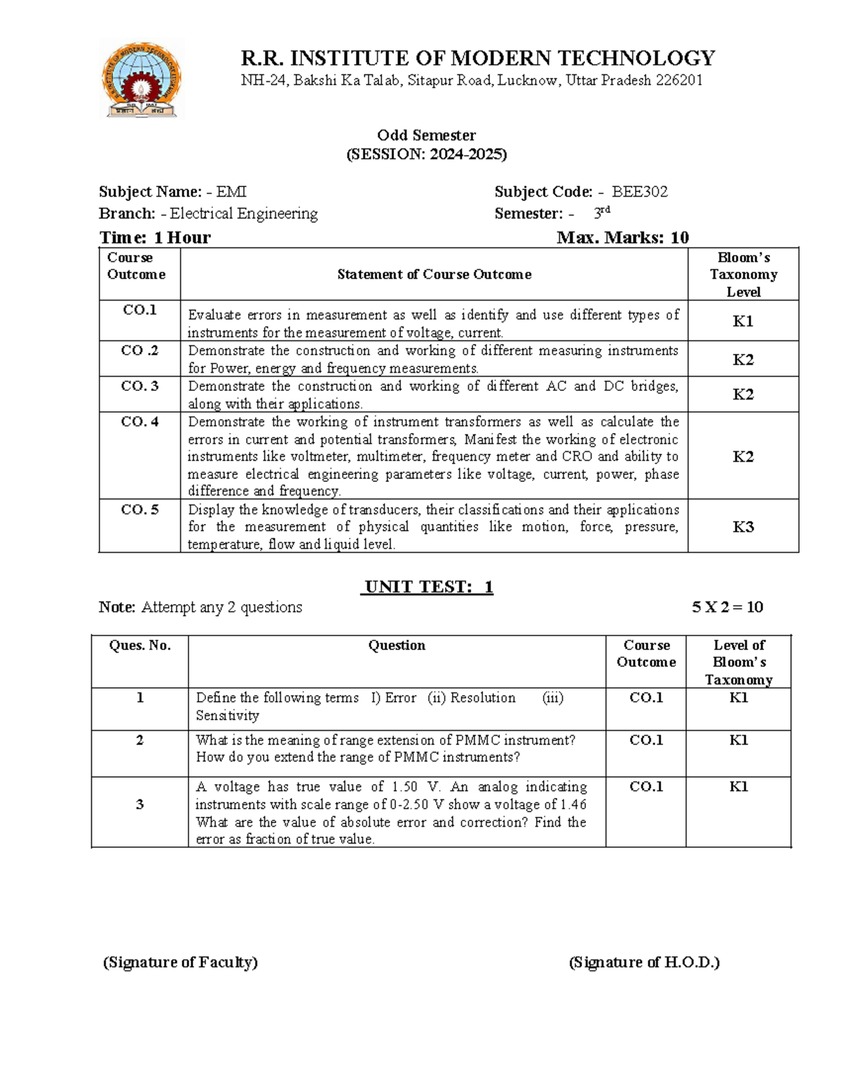Unit Test BEE302: EMI Measurement Instruments & Errors - 3rd Sem - Studocu