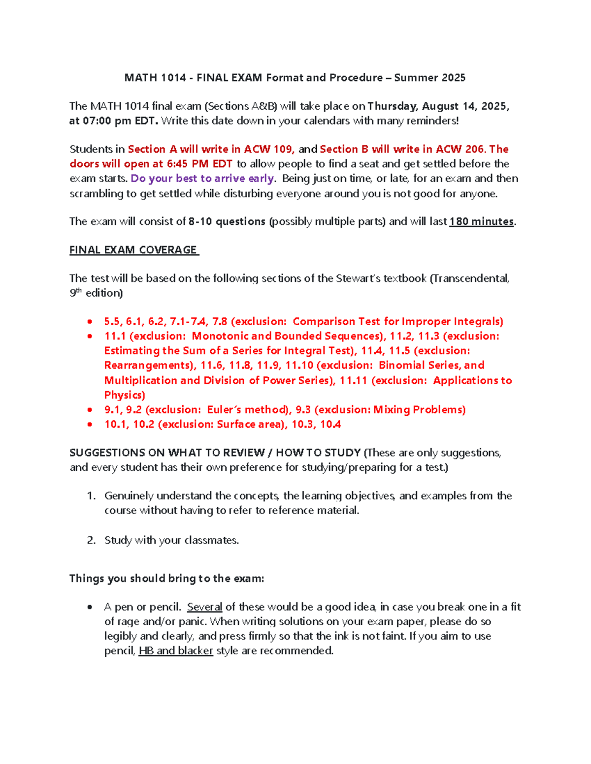 MATH 1014 FINAL EXAM Guidelines and Coverage Summer 2025 - Studocu
