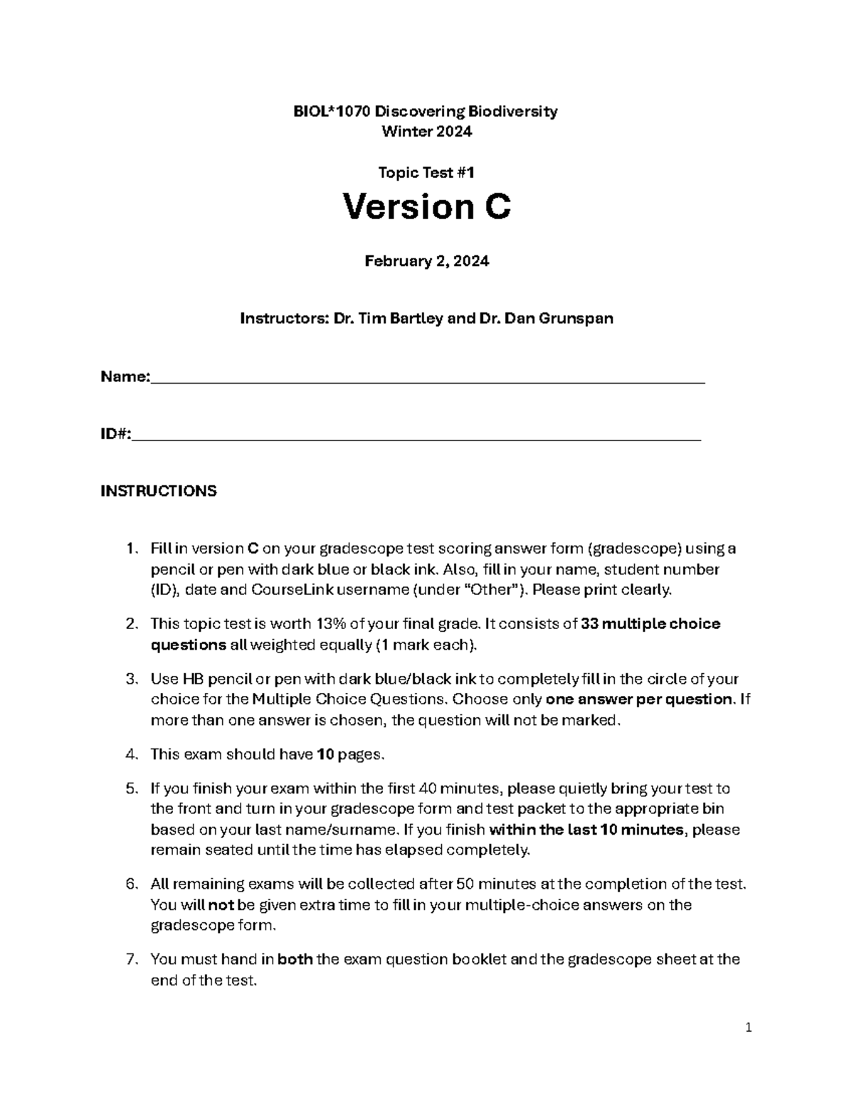 Topic Test 1 - W24 - BIOL1070 - Version C (Feb 2024) - Studocu