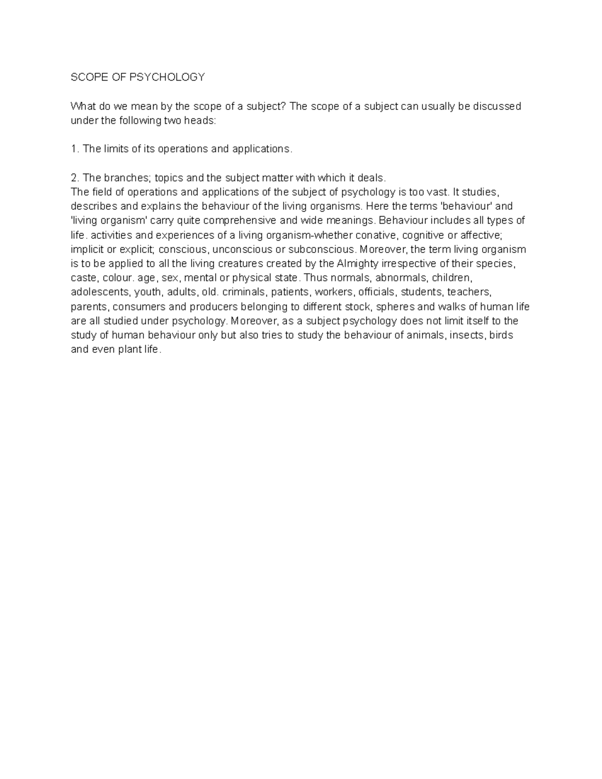 Psychology 101: Scope of Psychology - Lecture Notes - Studocu