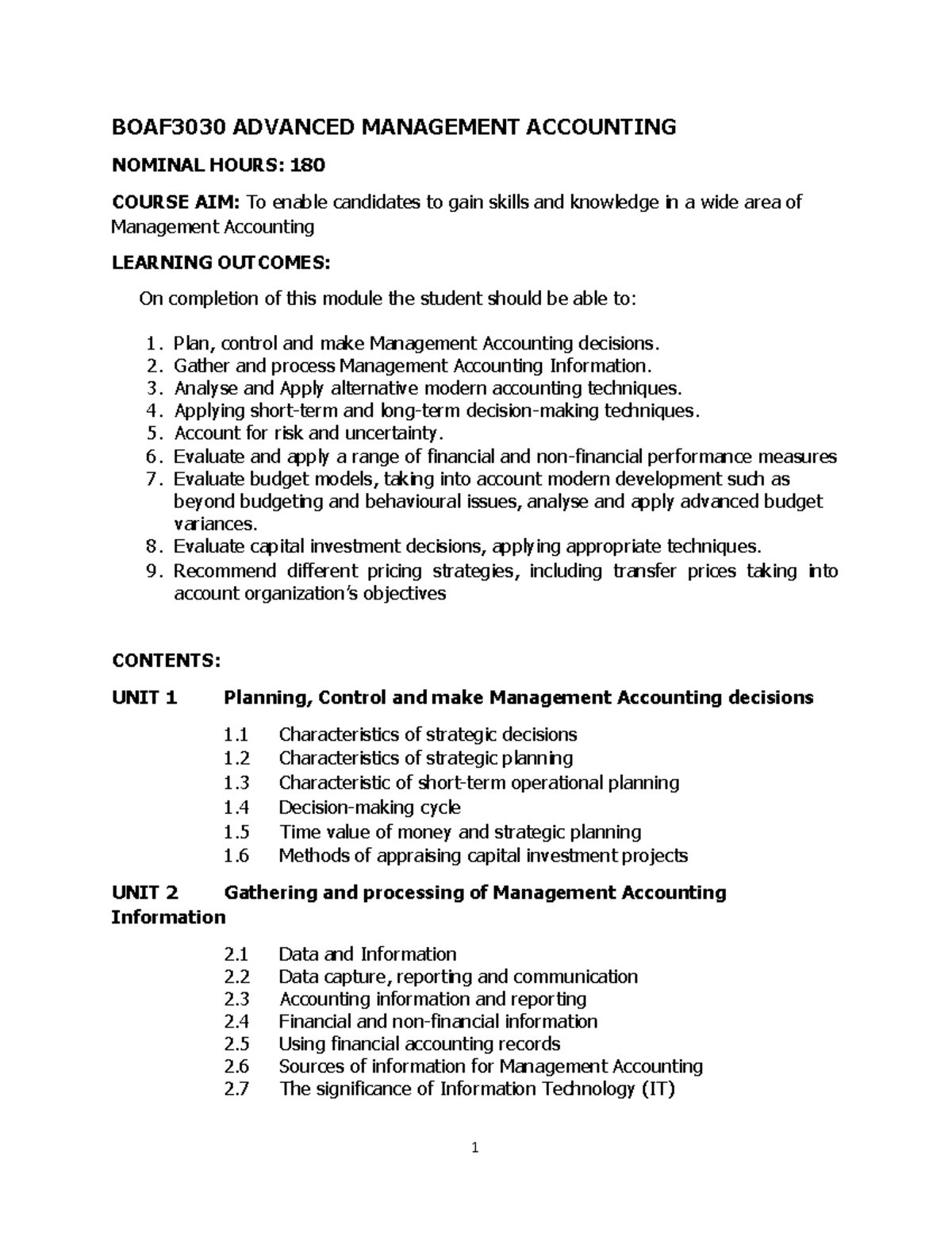 BOAF3030 Advanced Management Accounting Course Overview and Content ...