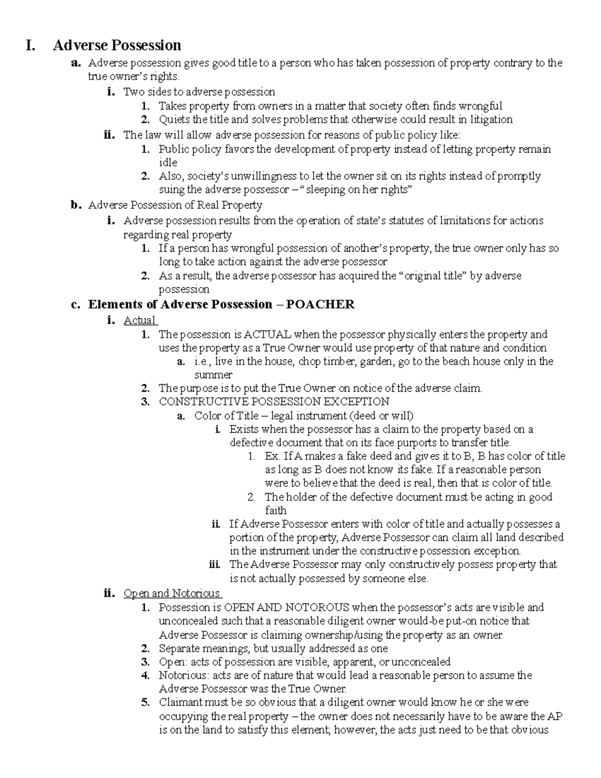 Realproperty Outline 2020 - I. Adverse Possession a. Adverse possession ...