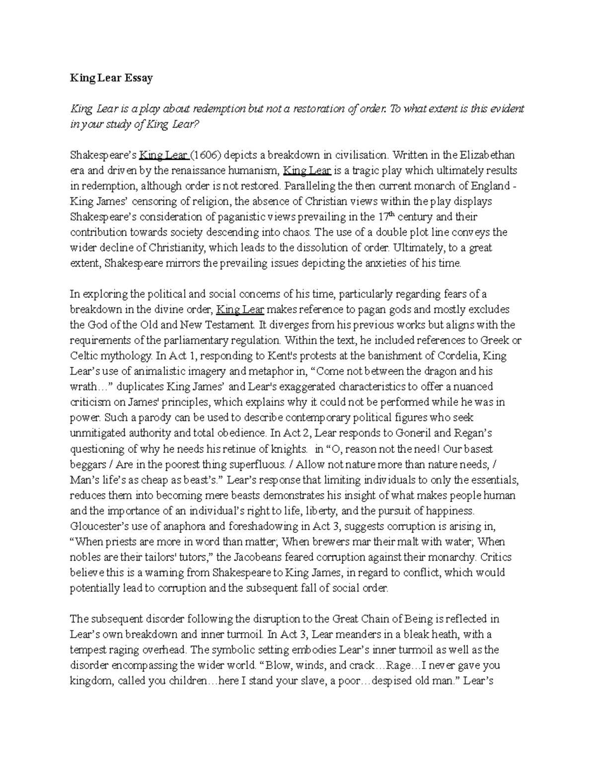 King Lear Essay - Year 11 Analysis of Redemption and Disorder - Studocu