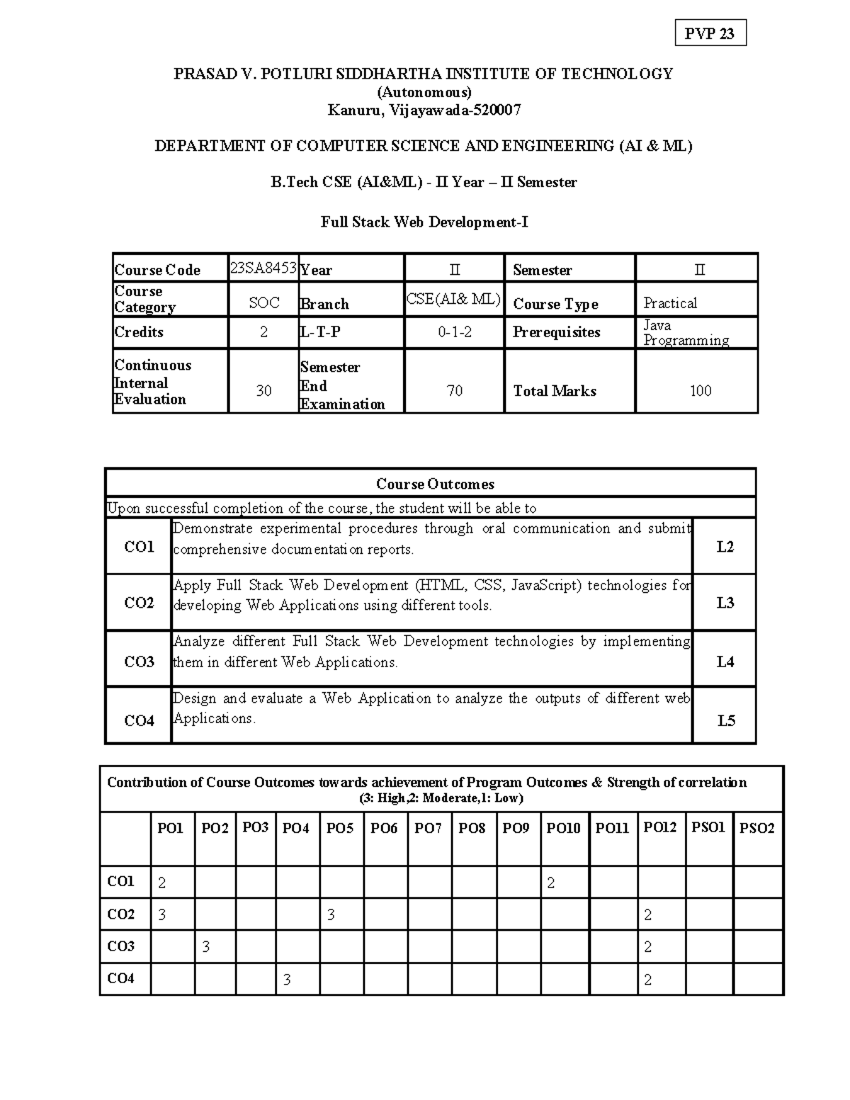 Syllabus for PVP 23: Full Stack Web Development Course (B.Tech CSE II ...