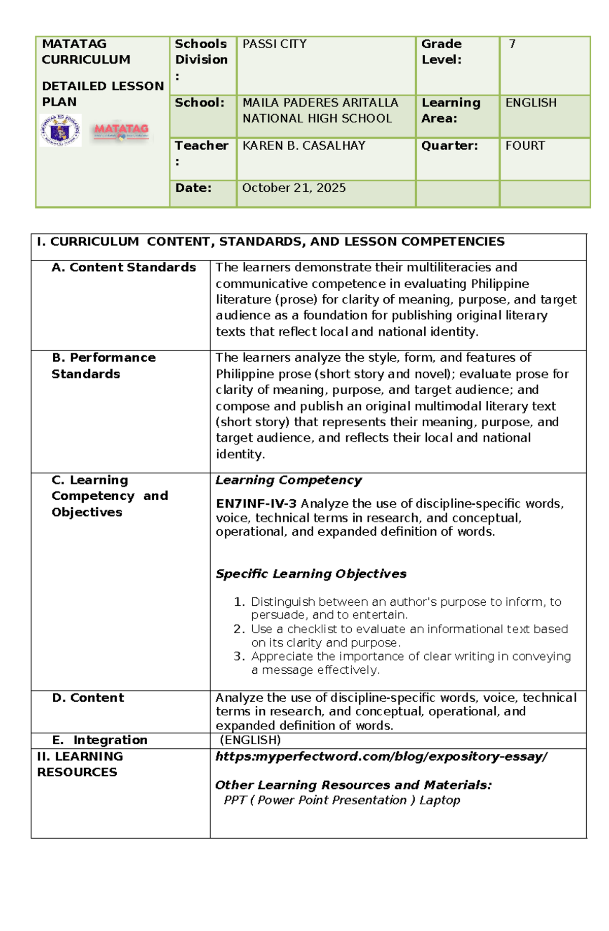 Detailed Lesson Plan for Grade 7 English (MATATAG CURRICULUM) - Studocu