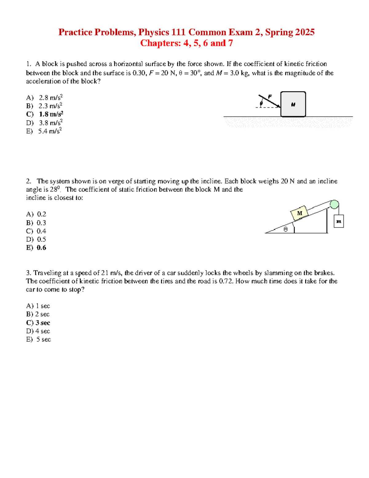 Practice Problems, Physics 111, Common Exam 2, Spring 2025 - Practice ...