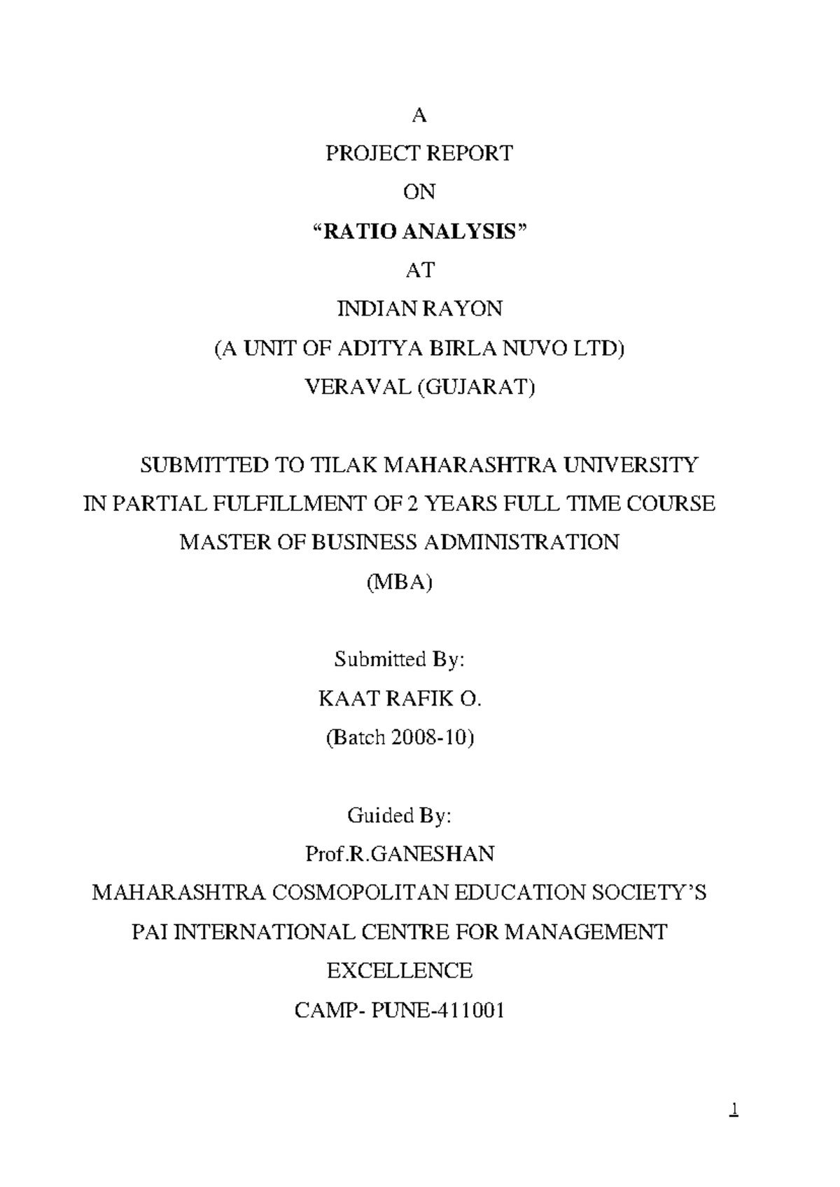 MBA Finance Project on Ratio Analysis - A PROJECT REPORT ON “RATIO ...