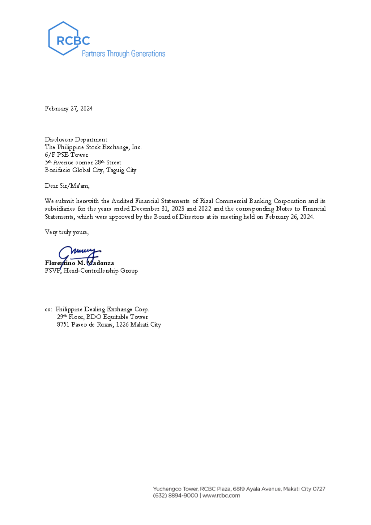 RCBC 2023 Audited Financial Statements - February 27, 2024 Disclosure ...