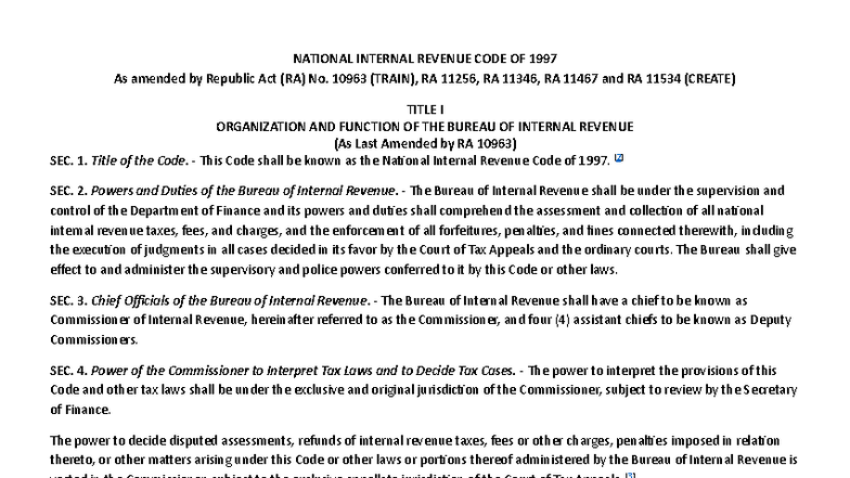 Title I, VIII, IX, X of the National Internal Revenue Code (NIRC) 1997 ...