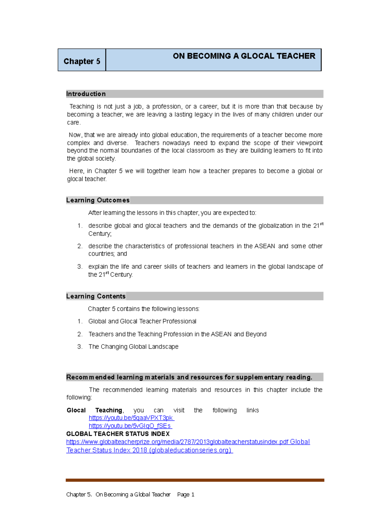 Chapter 5: Becoming a Glocal Teacher in Global Education - Studocu
