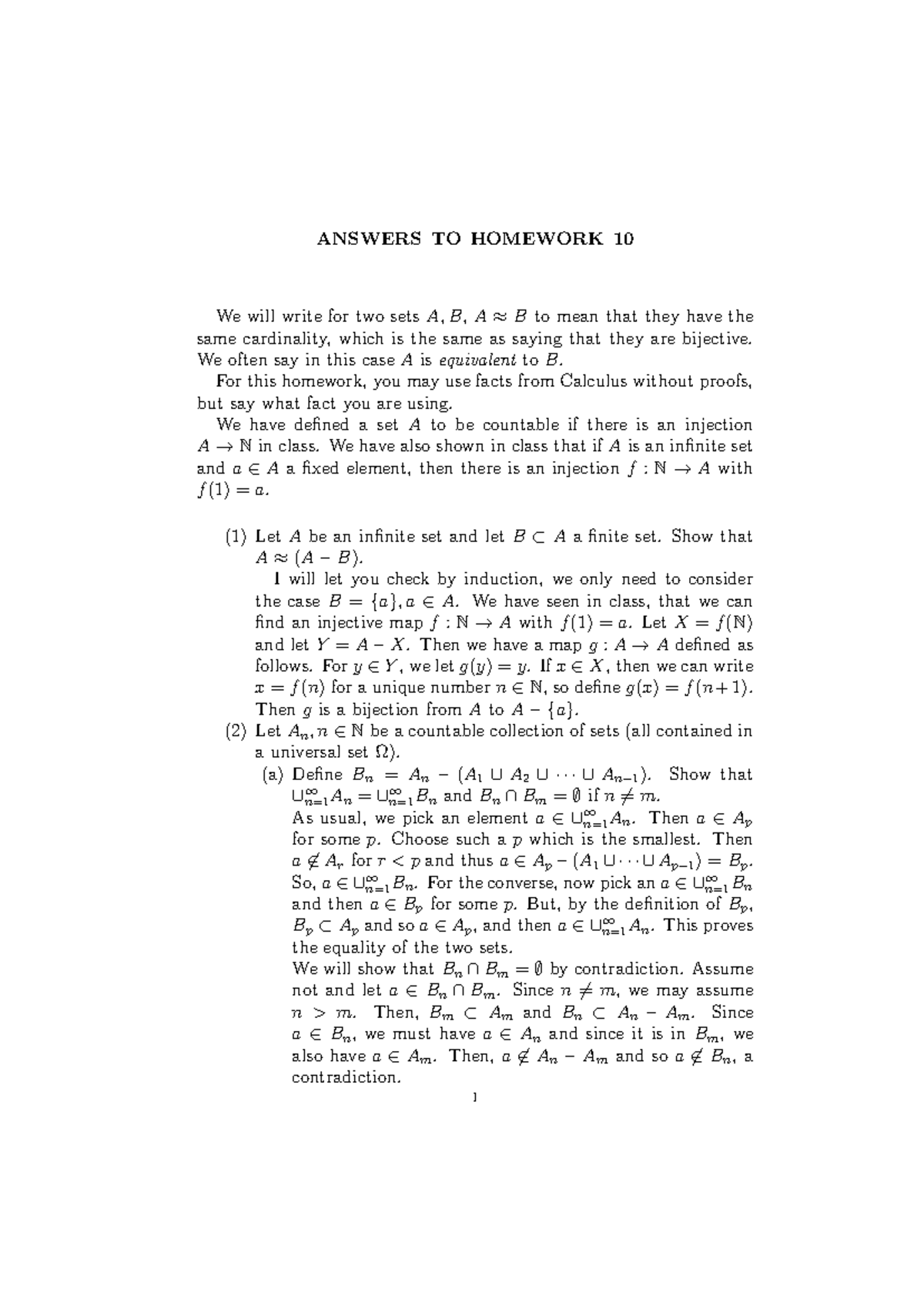 Answer key - HW10 - ANSWERS TO HOMEWORK 10 We will write for two setsA ...