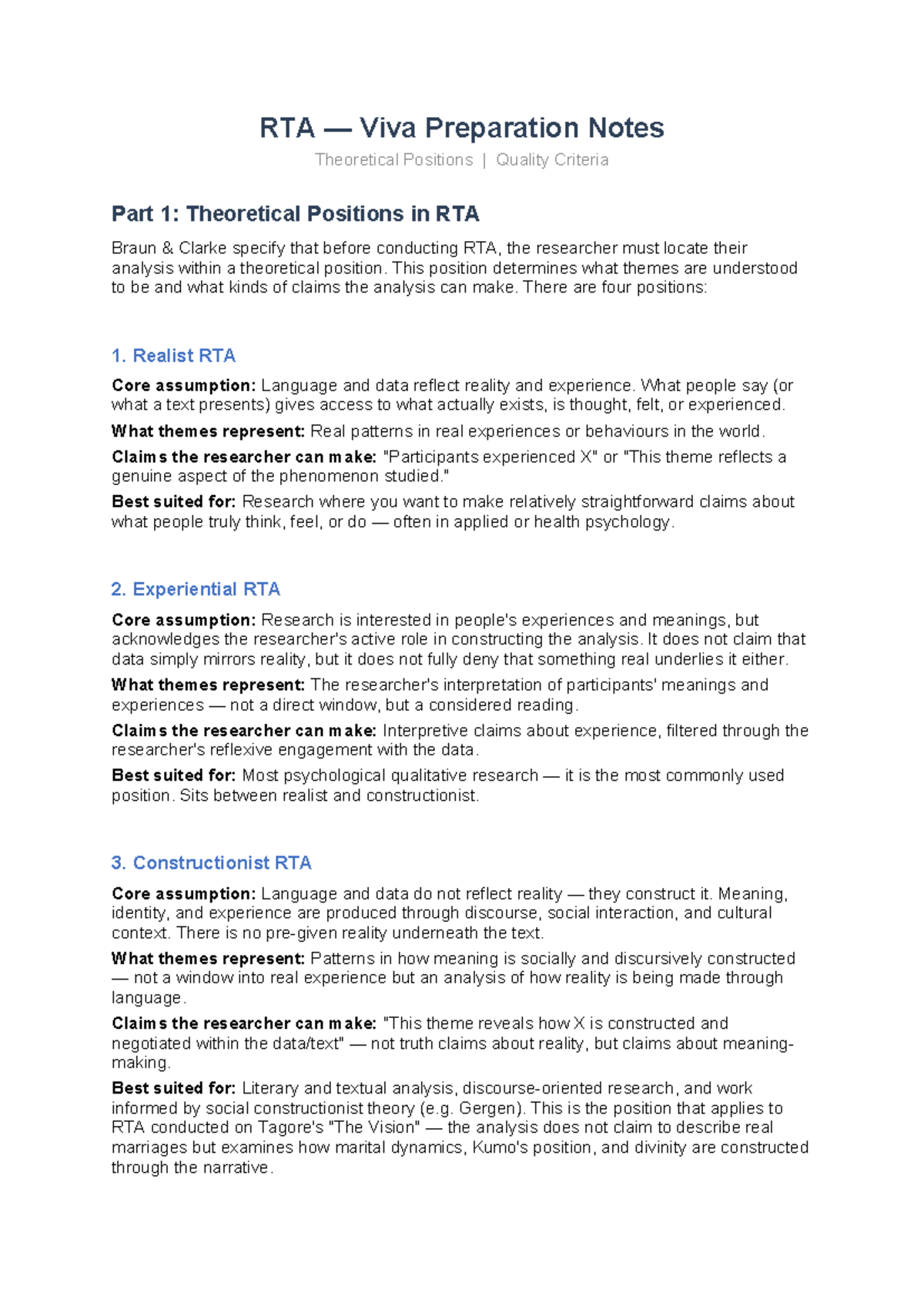 RTA Viva Notes: Theoretical Positions & Quality Criteria Analysis - Studocu