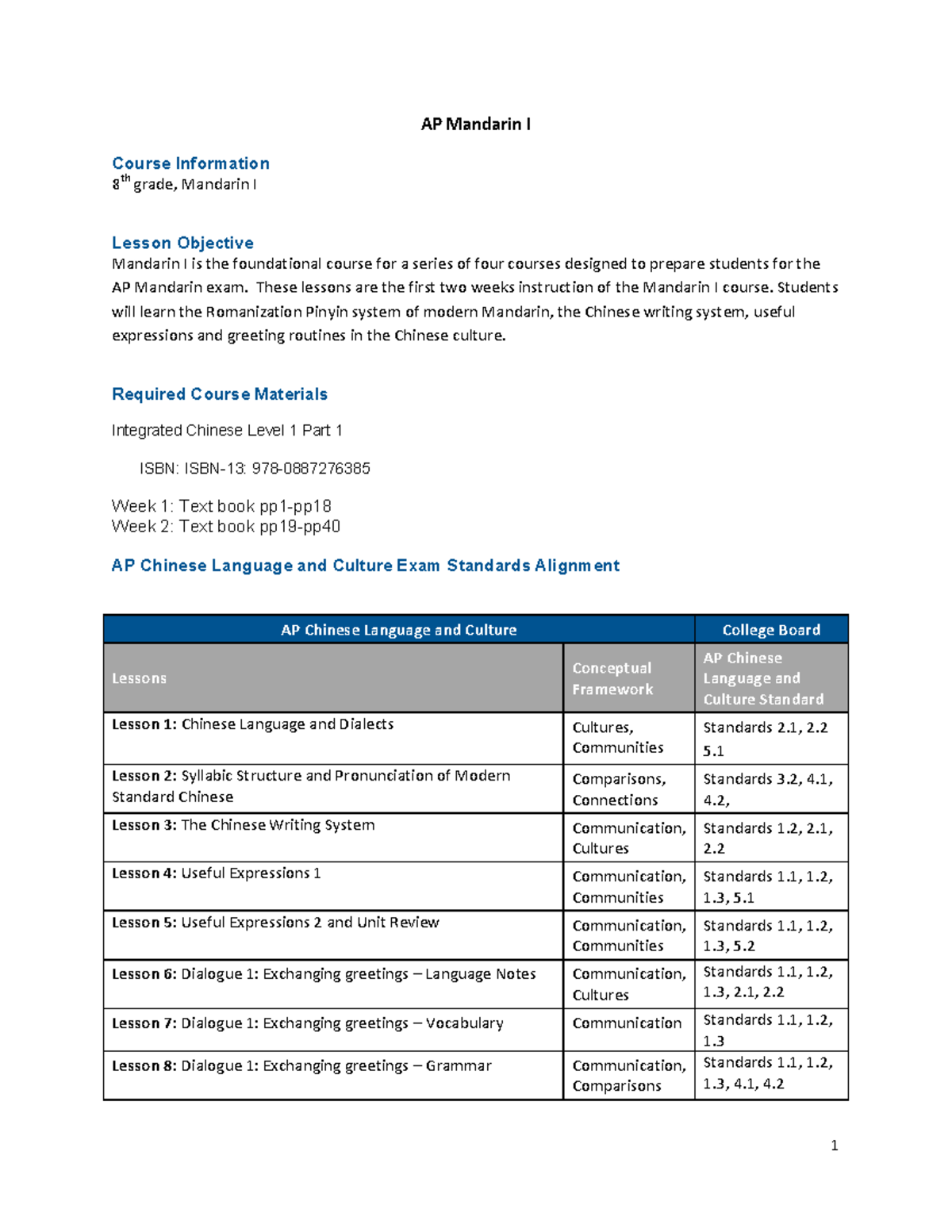 AP Chinese LP ICL1P1 - Example Lesson Plan for Mandarin I - Studocu