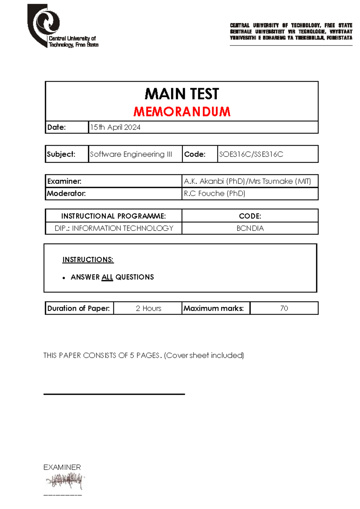 2025 SOE316 Main Test Semester 1 Memorandum - Studocu