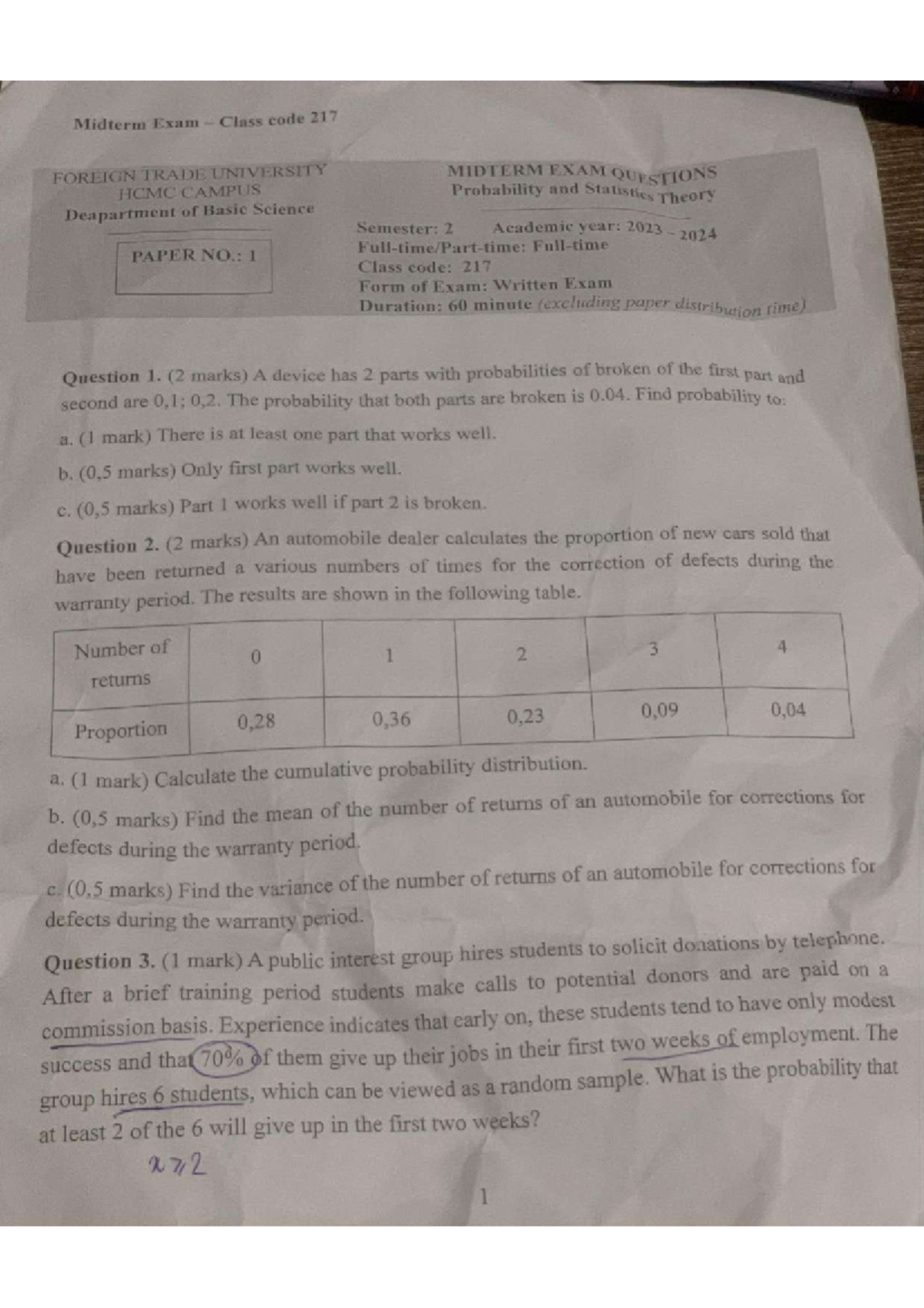 Midterm Exam 217: Probability and Statistics Theory Questions 2023-2024 ...