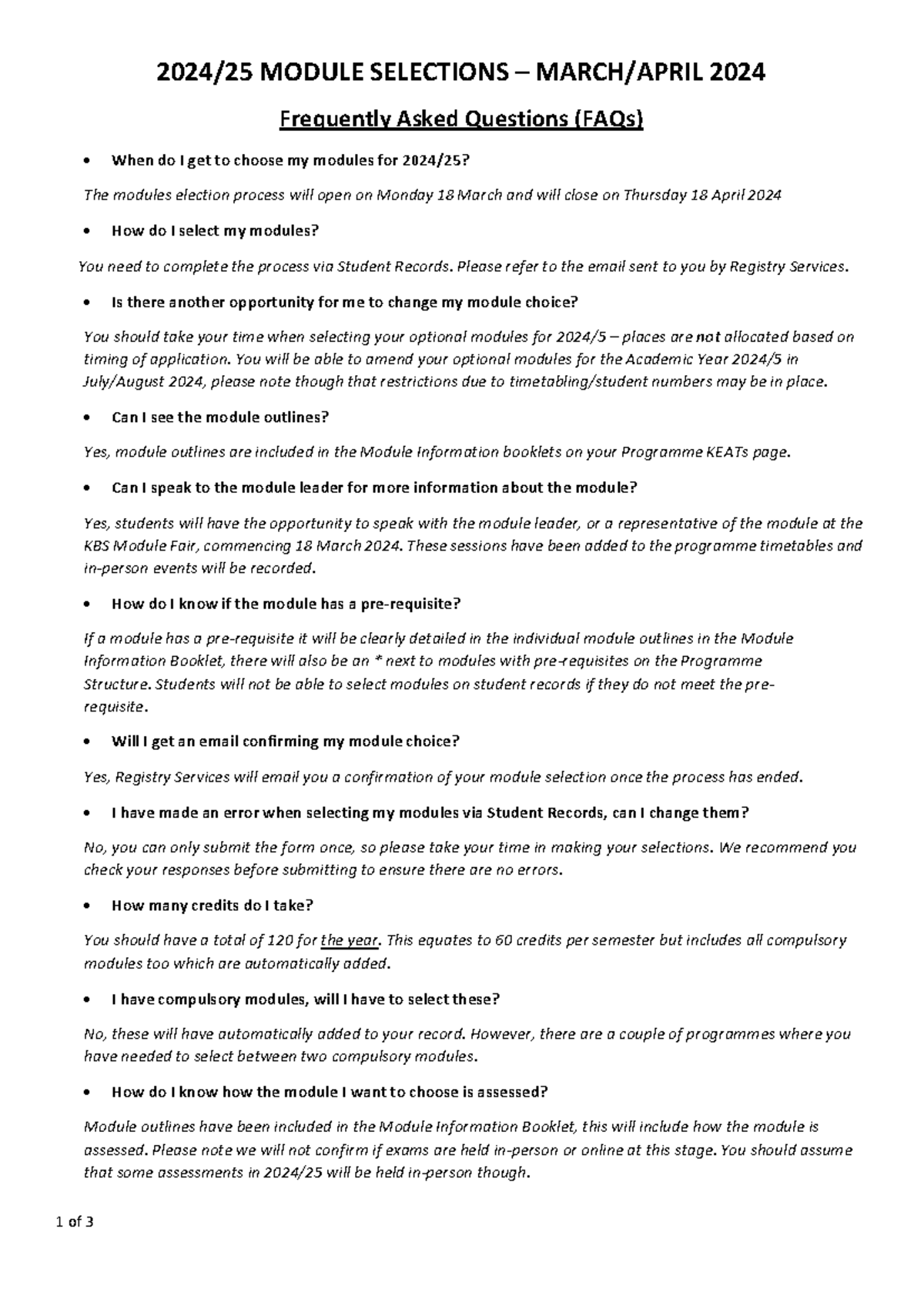 KBS FAQs 2024/25 Module Selections - Key Information for March/April ...