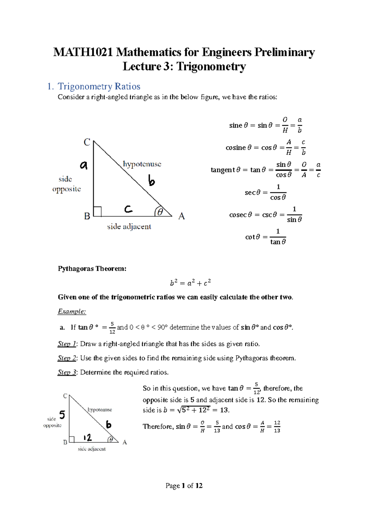 MATH1021 Final Exam Lecture 3: Trigonometry Ratios and Applications ...